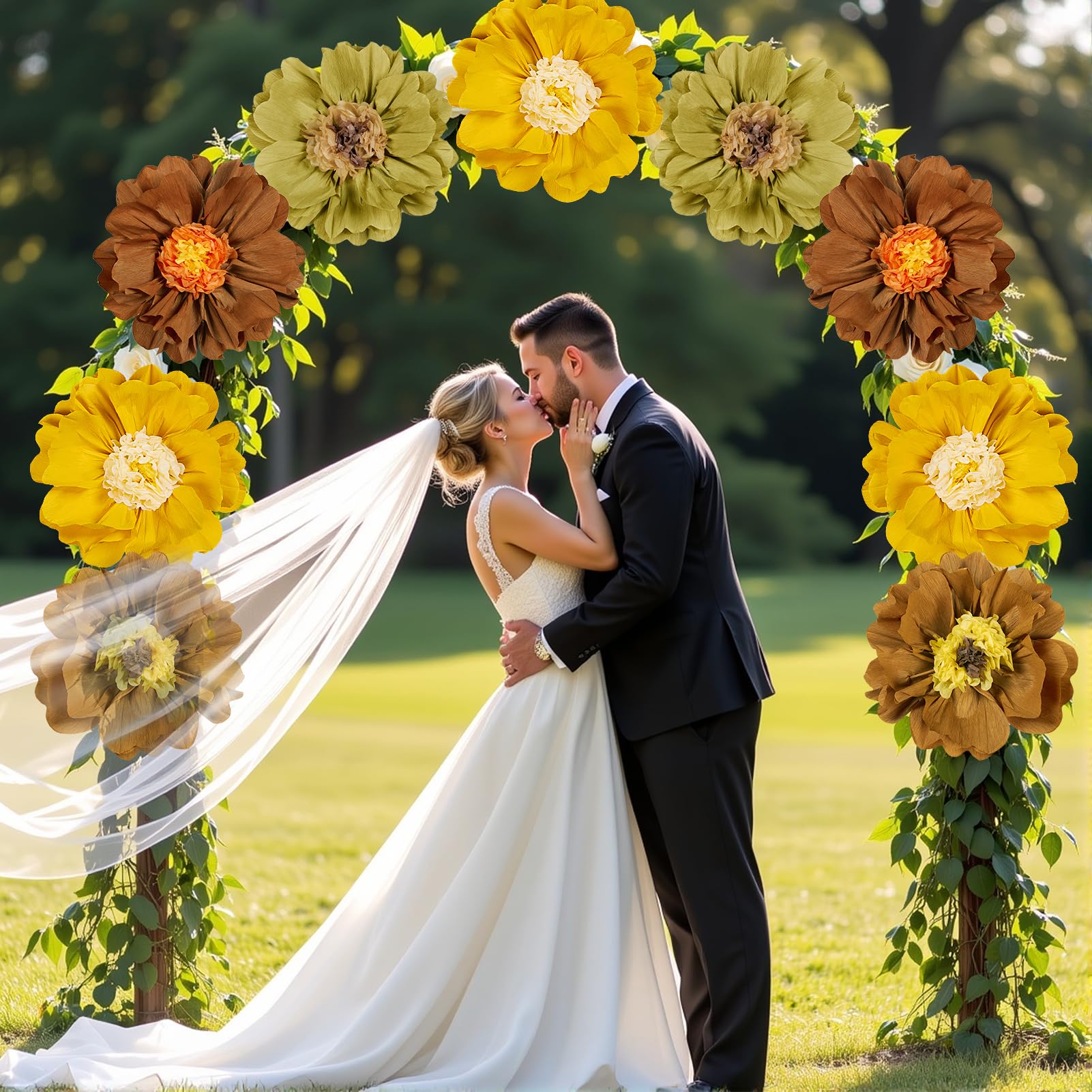 4 PCS 20 Brown Yellow Giant Paper Flowers Boho Baby Shower Party Decorations Thanksgiving Fall Autumn Large Tissue Pom Poms Neut