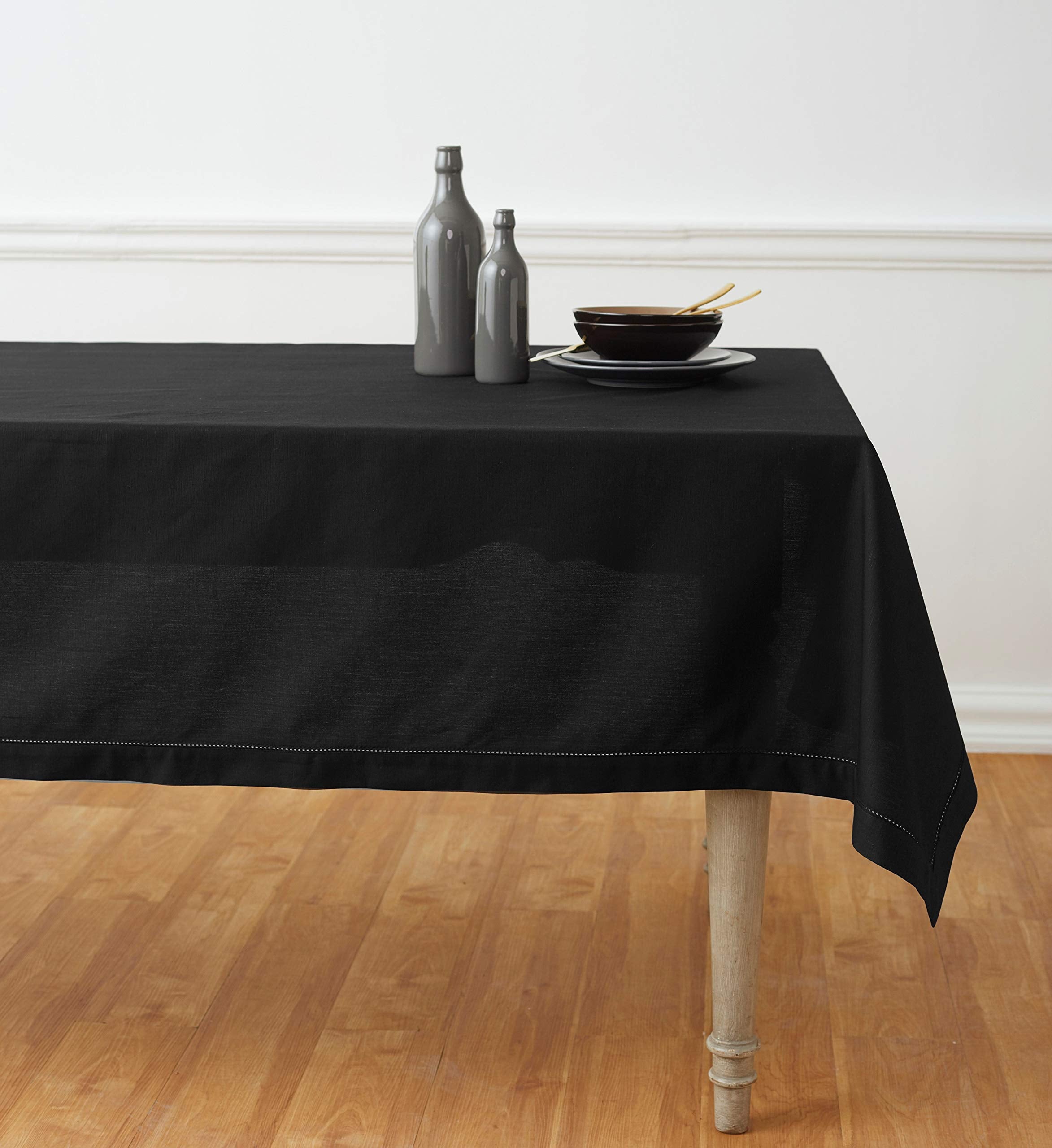 Solino Home Black Tablecloth - Cotton Linen Hemstitch Tablecloth 58 X 144 Inch - Machine Washable Rectangle Table Cloth For Fall