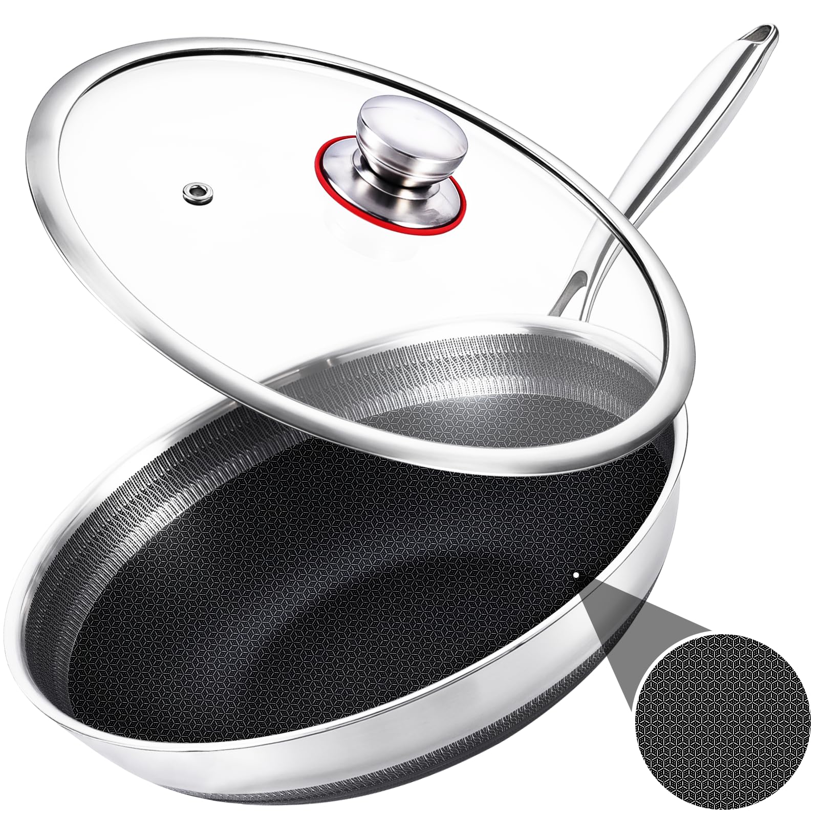 13 Inch Hybrid Nonstick Wok with Lid, DoubleSided Ceramic Coating