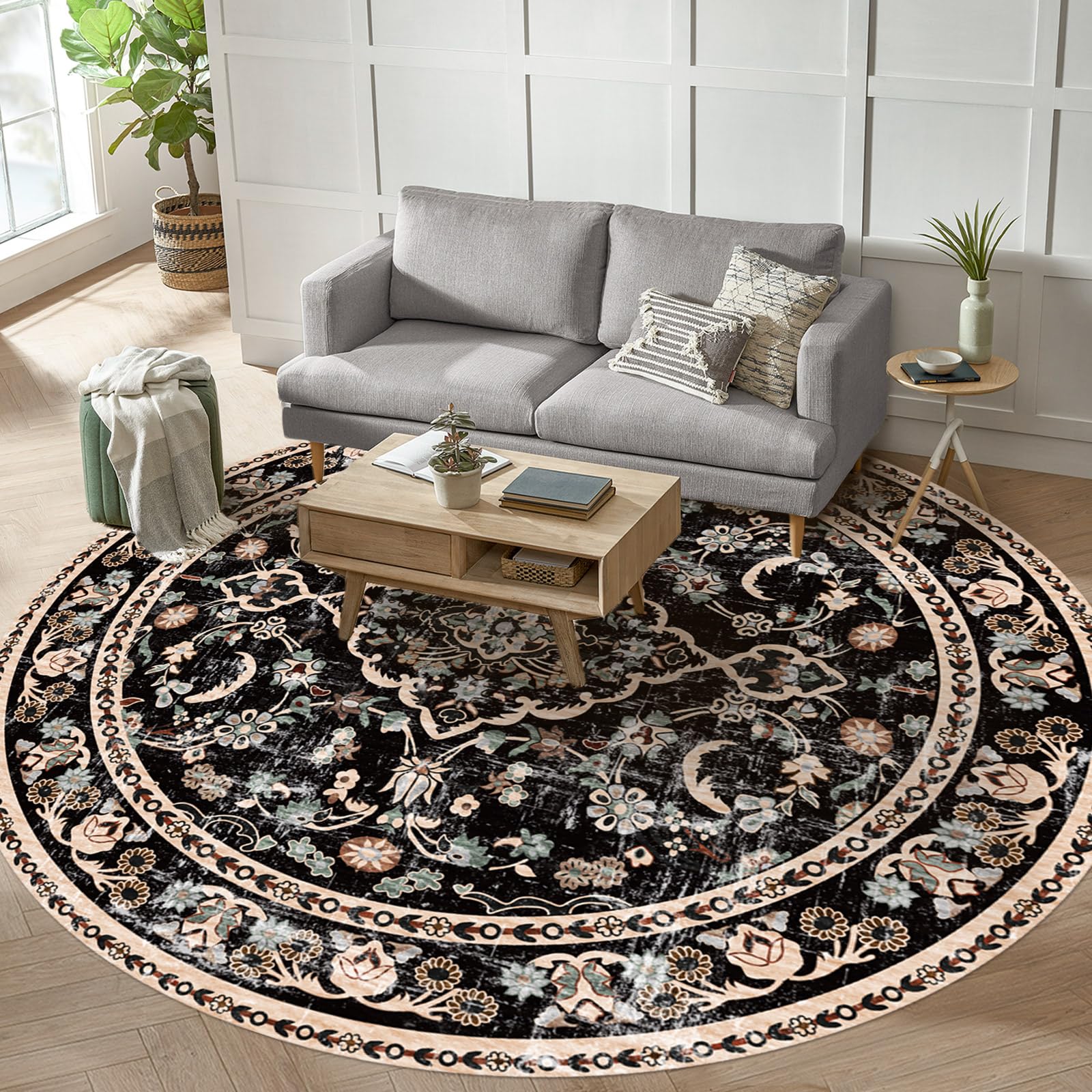 Vhong Boho Area Rugs Vintage Washable Modern Neutral Carpet Black 8  8 High Traffic Round Rugs for Dinning Room Living Room Bedr