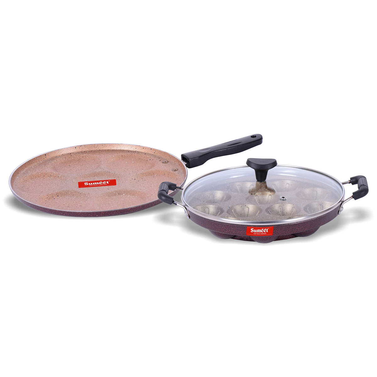 Sumeet Nonstick Granite Finish 2Pcs ELITE Combo Set (Grill Appam Patra With Glass Lid - 12 Cavity - 23cm Dia + Multi Snack Maker