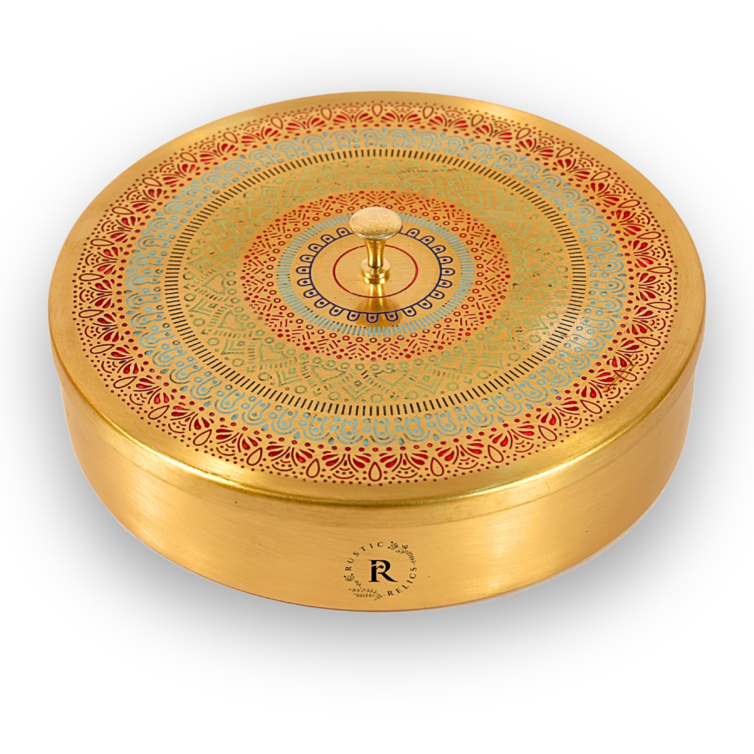 RUSTIC RELICS Pure Brass Spice Box | 8 INCH Round | BIDRI Work | Box Includes 7 Containers and 1 Spoon | Beautiful and Elegant K
