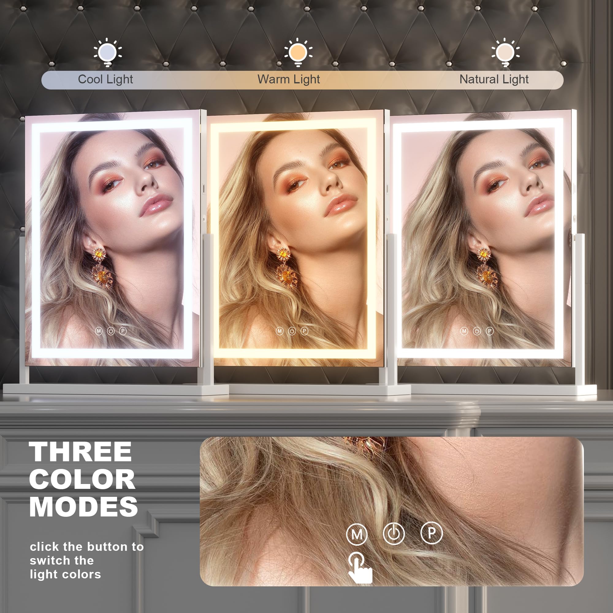 Hasipu Vanity Mirror With Lights, Lighted Makeup Mirror With 10X Magnification, Dimmable 3 Modes, Touch Screen Control, Led Make