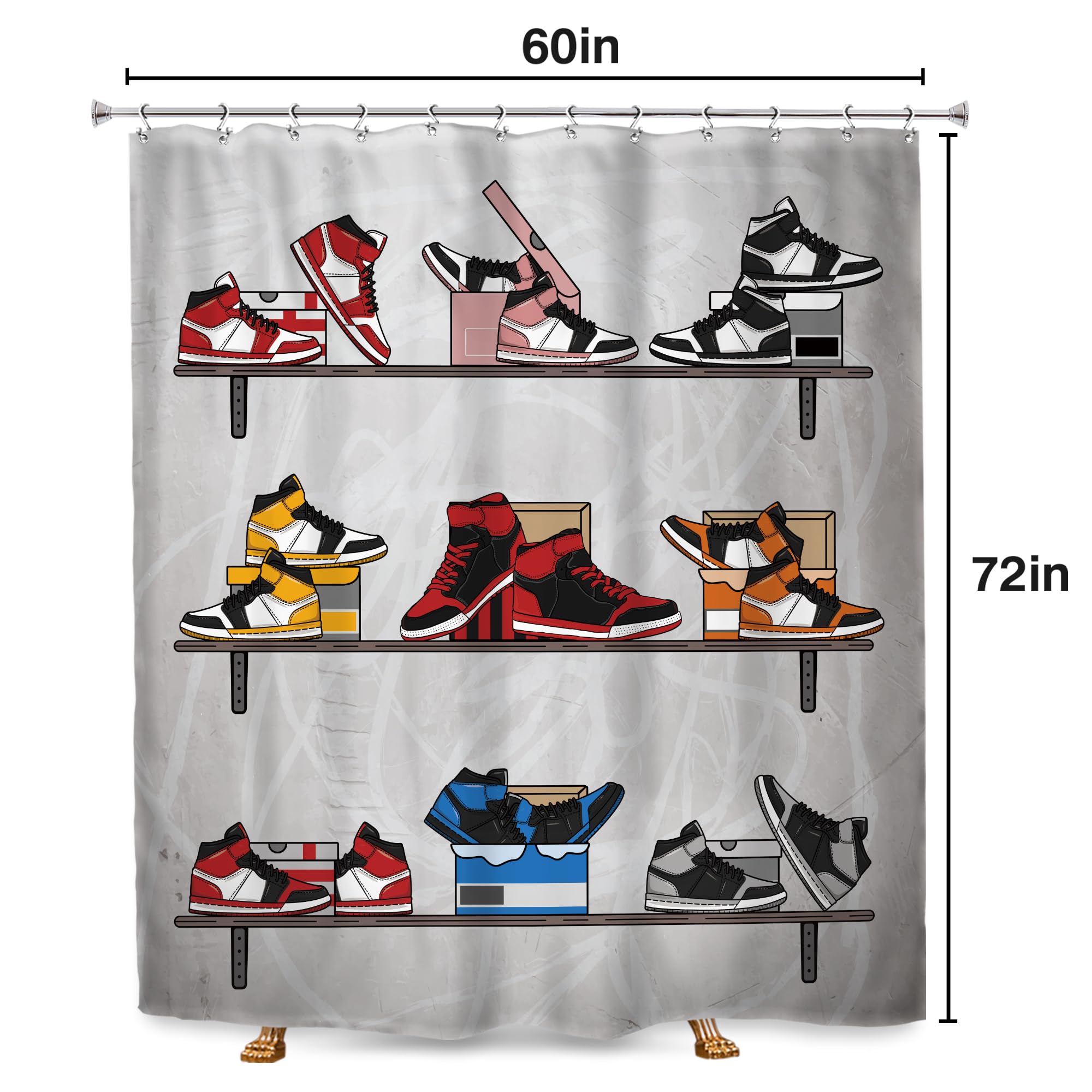 Svbright Retro Basketball Shoes Shower Curtain 60Wx72L Inch Sneaker Sports Footwear Theme Red Black For Boys Men Teens 12 Pack H