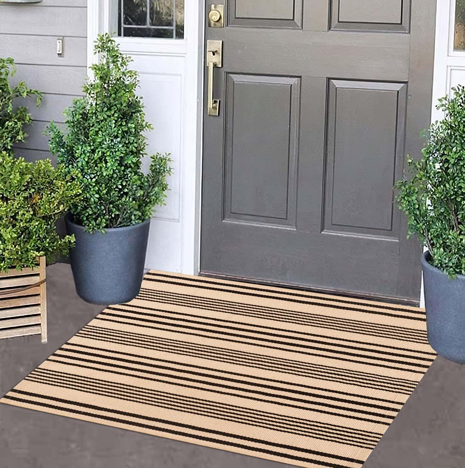 BUAGETUP Blue and White Layered Doormat,27.5x43.3inch Striped Outdoor Rug Hand Woven Cotton Indoor Outdoor Rug for Porch Layered