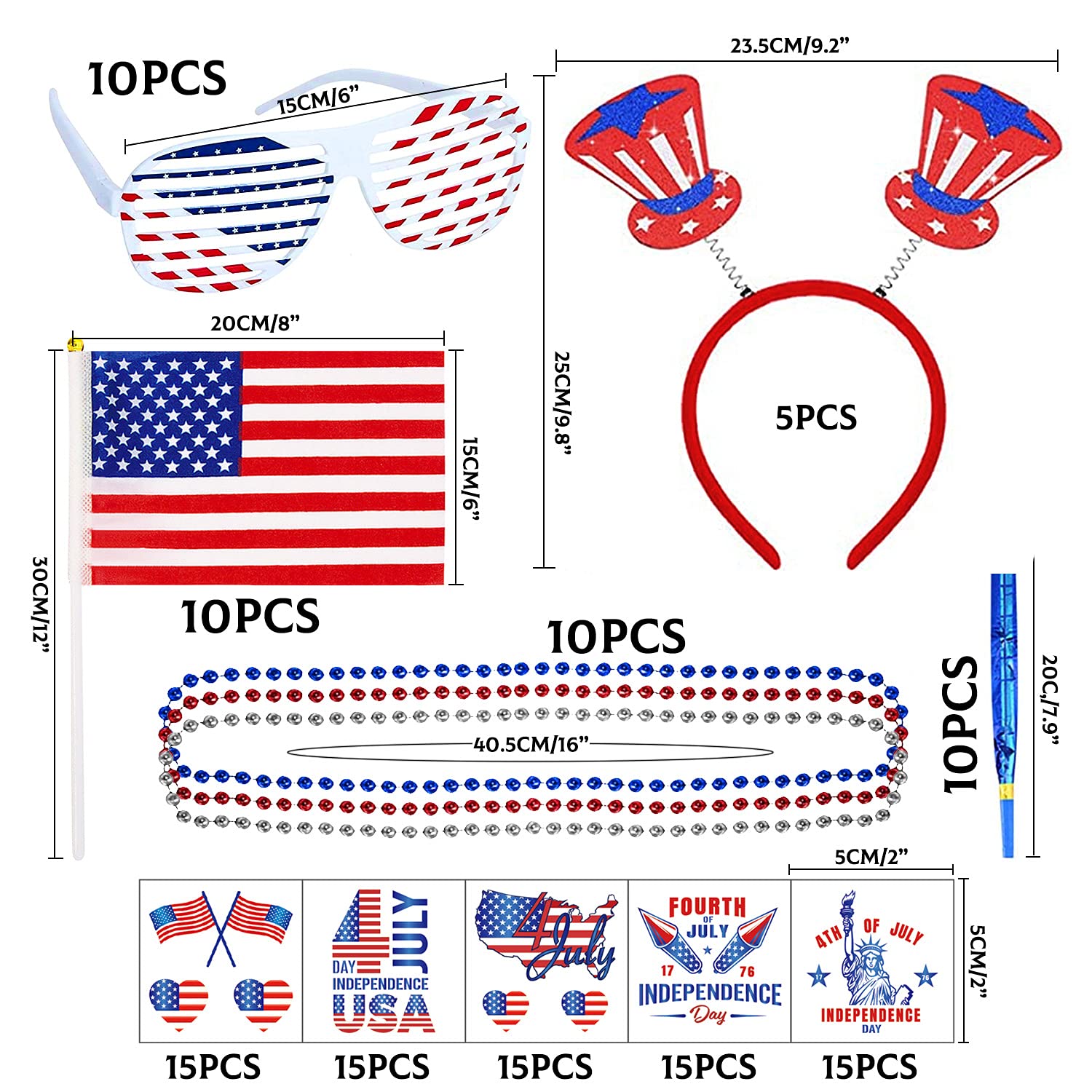 Movinpe 120 Pcs Patriotic Party Favors, 4Th Of July Accessories Headbands, Shutter Shades Glasses, Beaded Necklaces, Hand Held U