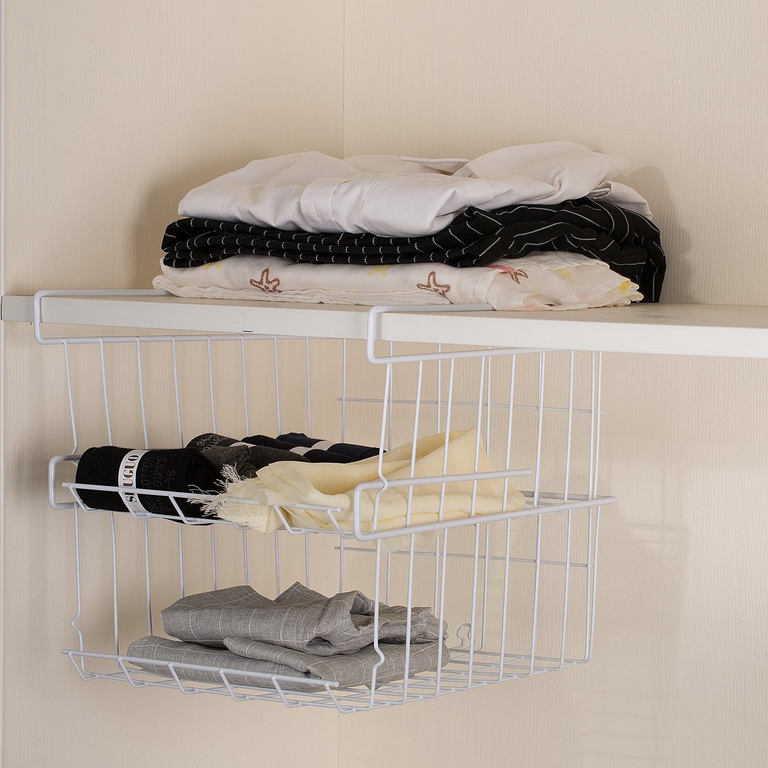 ASTOTSELL Under Shelf Storage Basket  2-Pack Under Shelf Hanging Metal Wire Storage Basket Organizer for Kitchen  Office  Pantry  Bathroom  Cabinet  White