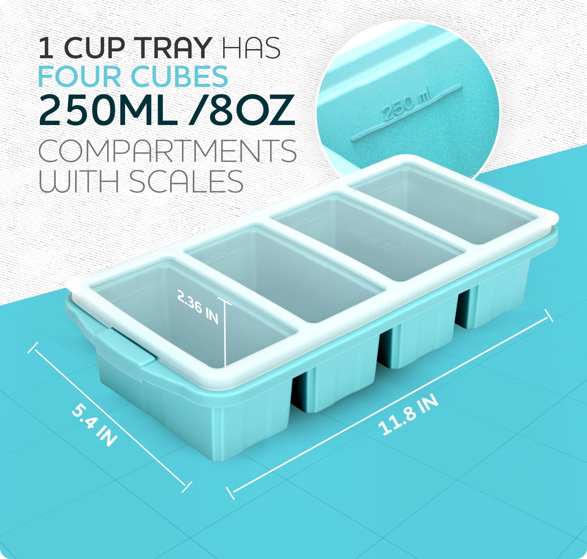 Xomoo Silicone Freezer Tray With Lid - Soup Freezer Container Molds - Large Ice Cube Tray- Makes 8 Perfect 1 Cup Portions Cubes,