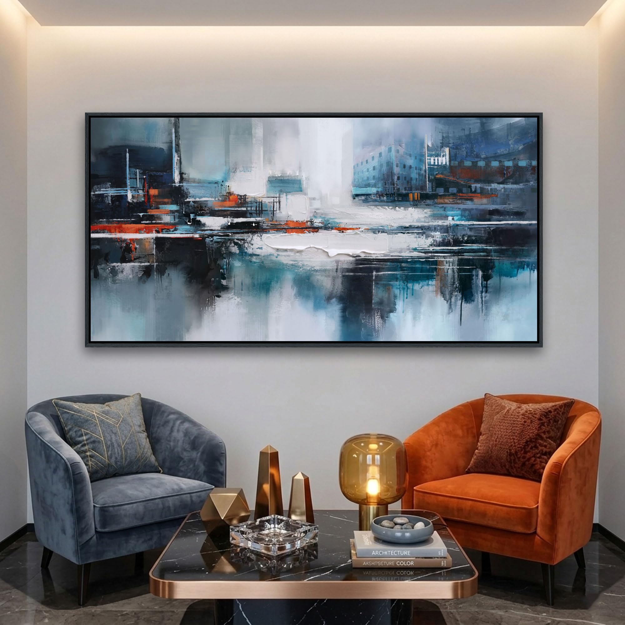 Abstract Wall Art For Living Room - Modern Blue Wall Decor, Large Canvas Artwork, Framed Wall Art Bedroom Pictures, Navy Decor F