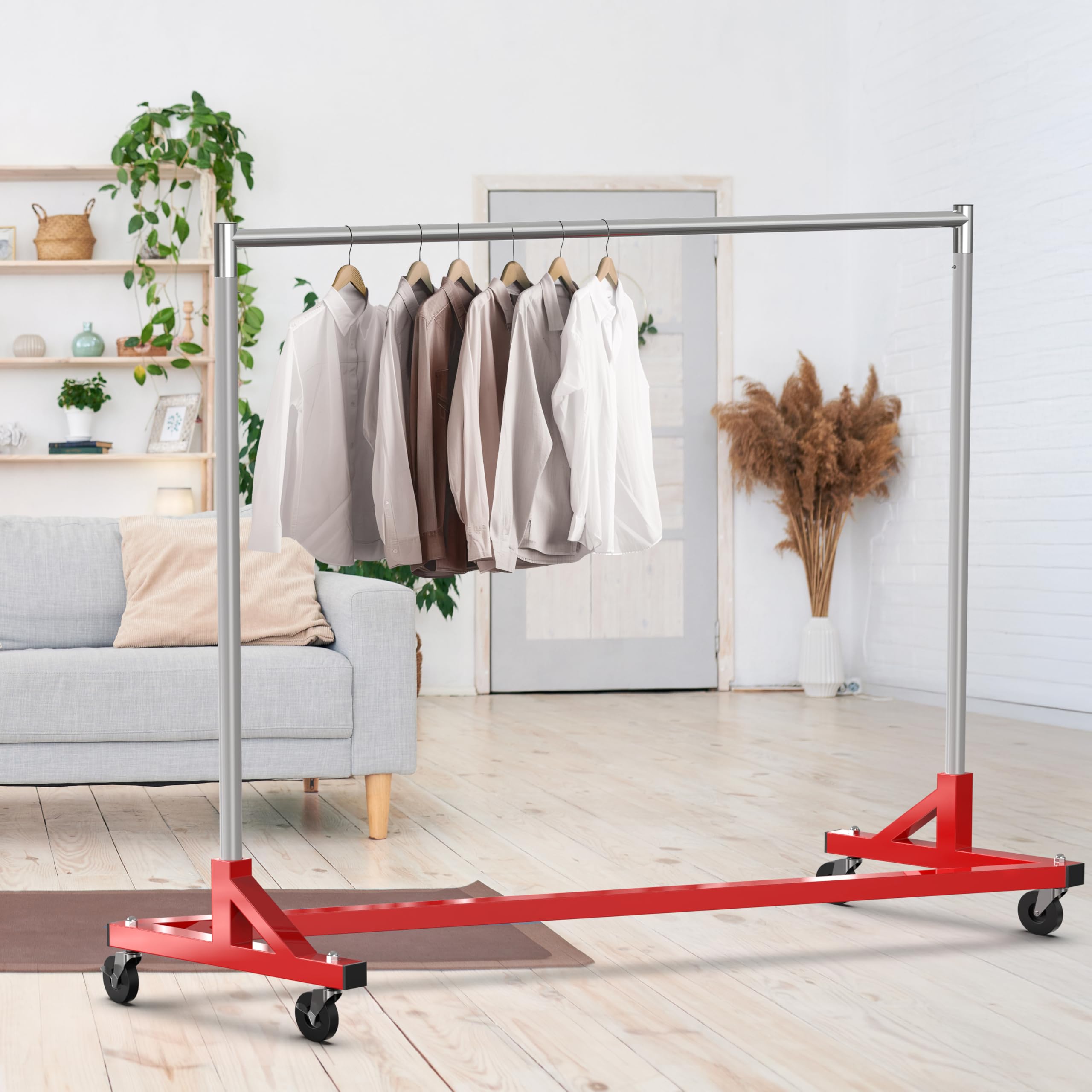 Simple Houseware Industrial Grade Z-Base Garment Rack, 500lb Load with 62 Inches Extra Long Bar, Red
