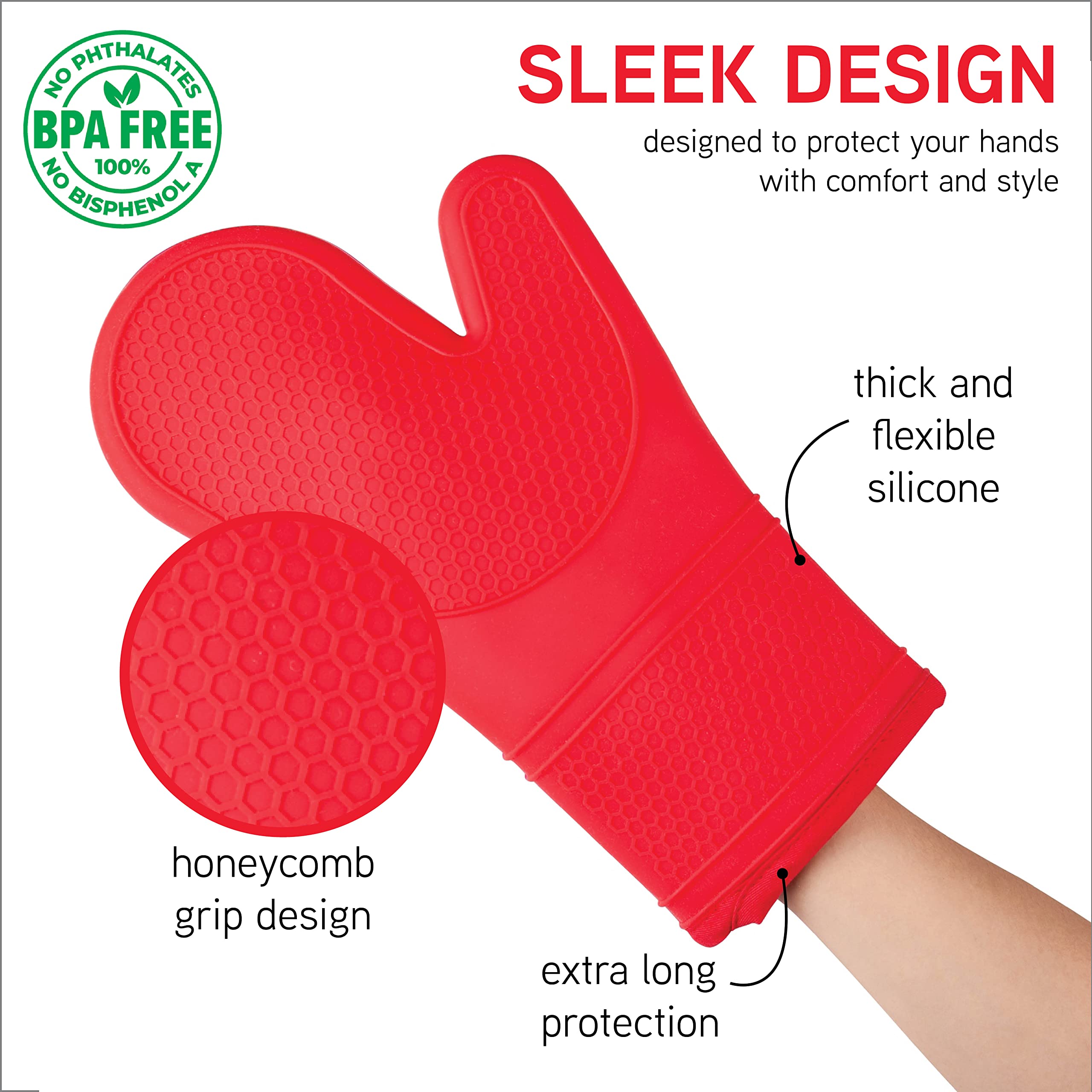 Cook With Color Silicone Oven Mitts- Heat Resistant Gloves With Soft Quilted Lining Oven Mitt Pot Holders For Cooking And Bbq, R