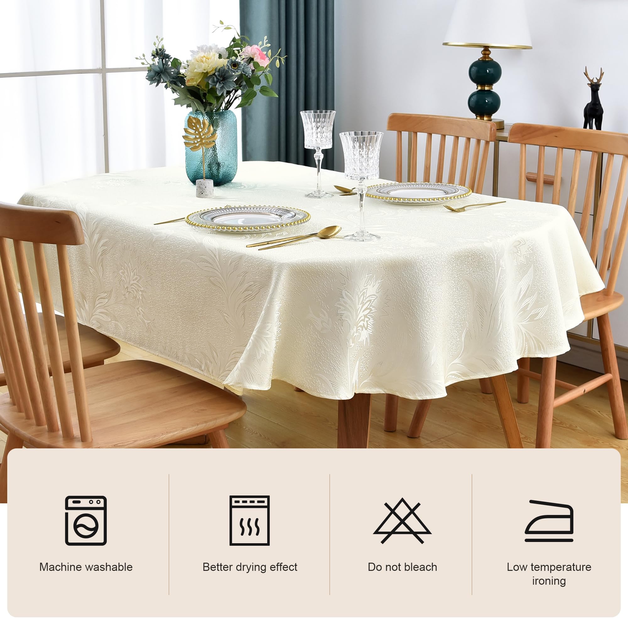 Wolkemer Shiny Oval Jacquard Tablecloth 60 X 84 Inch Light Yellow Floral Countryside Leaves Damask Patterns Table Cloth Glossy F