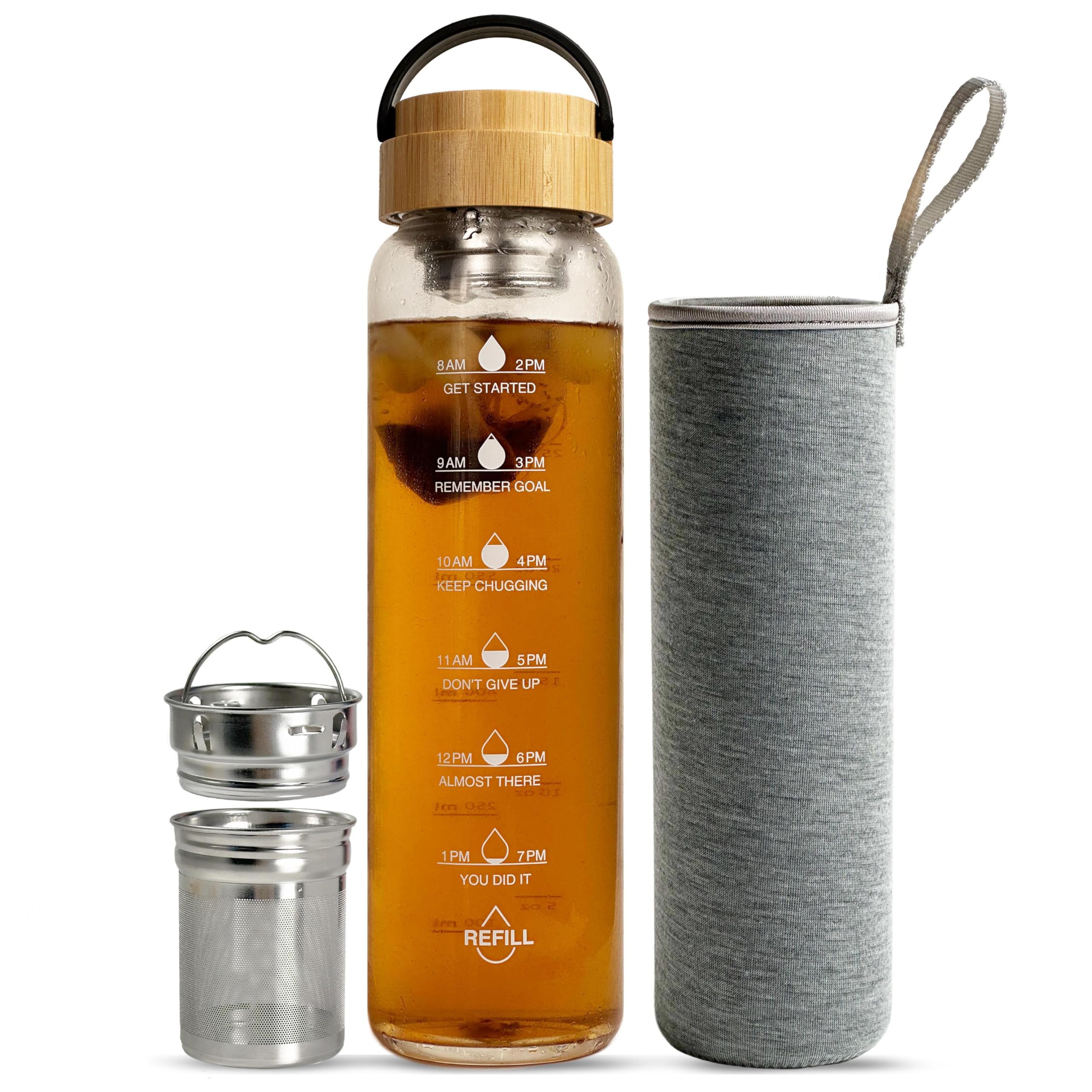 Xaeiglas 32 oz Motivational Glass Water Bottles with Bamboo Lid Straw and Time Marker  Sports Water Bottle for Drinking