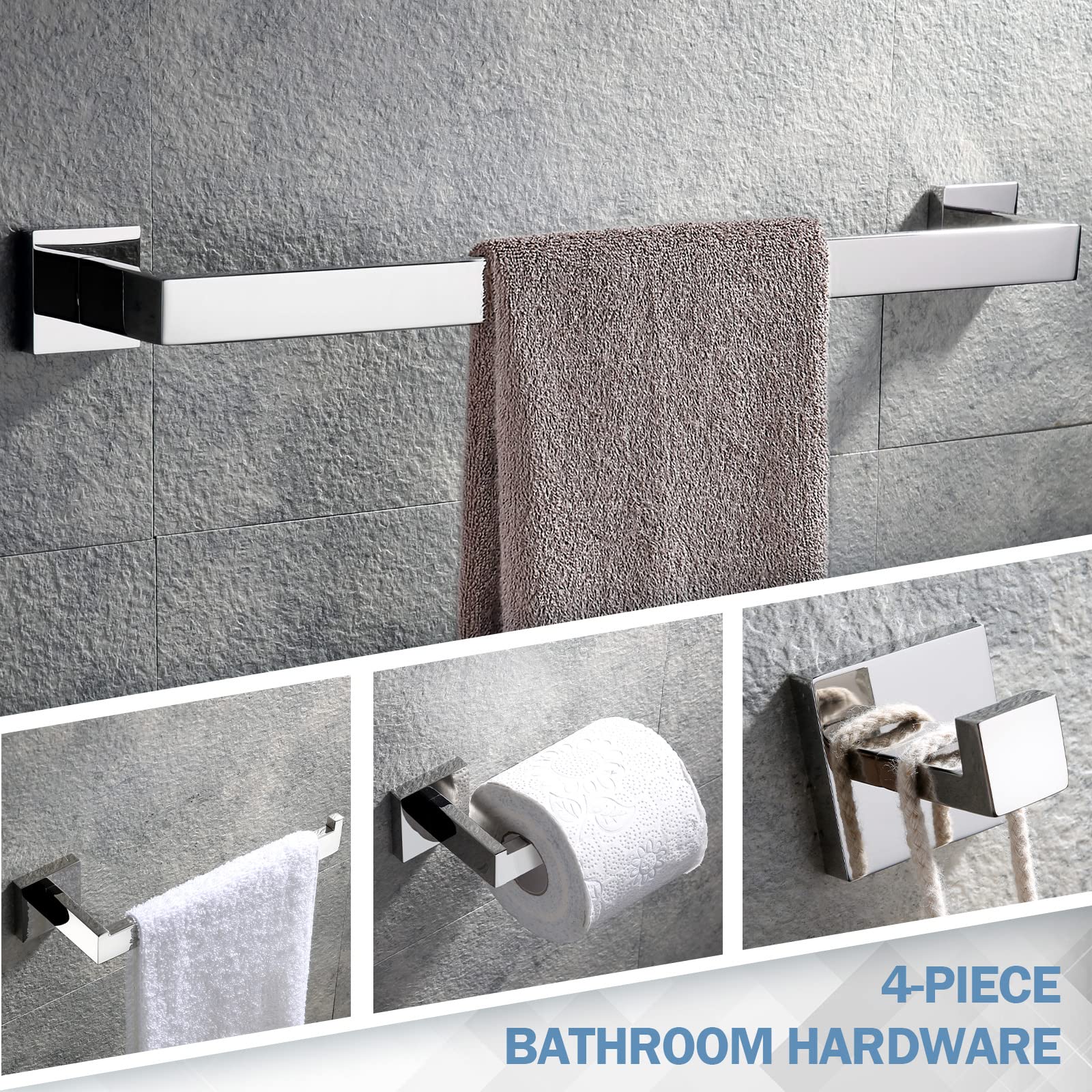 VELIMAX Premium Stainless Steel 4 Pieces Bathroom Hardware Accessories Set Wall Mounted Towel Bar Set  Polished  24-Inch