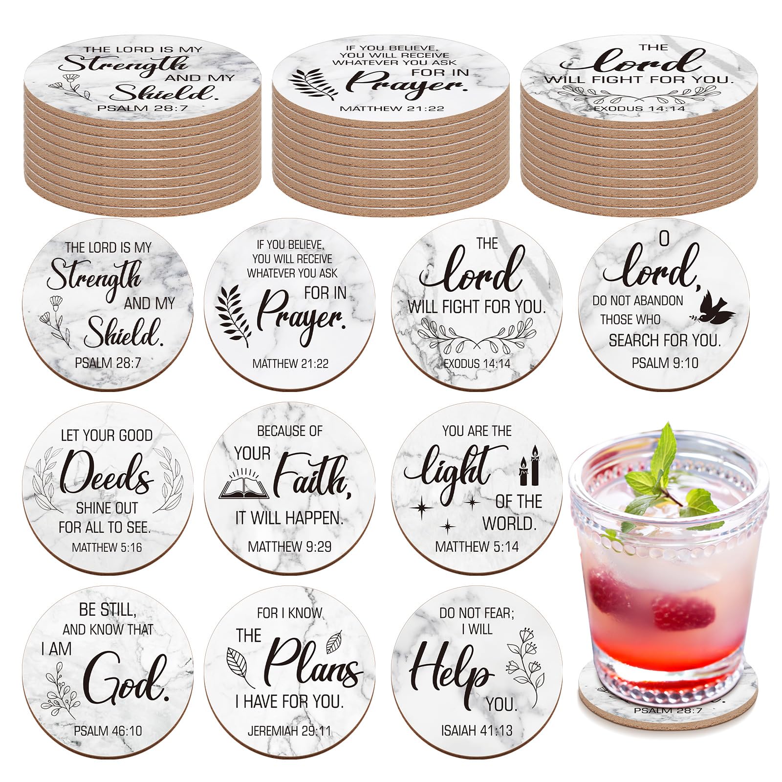 Hushee 50 Pcs Christian Church Coasters Gifts with Bible Verses 4 Christian Cork Drink Coasters Set Bulk for Adults Home Indoor 