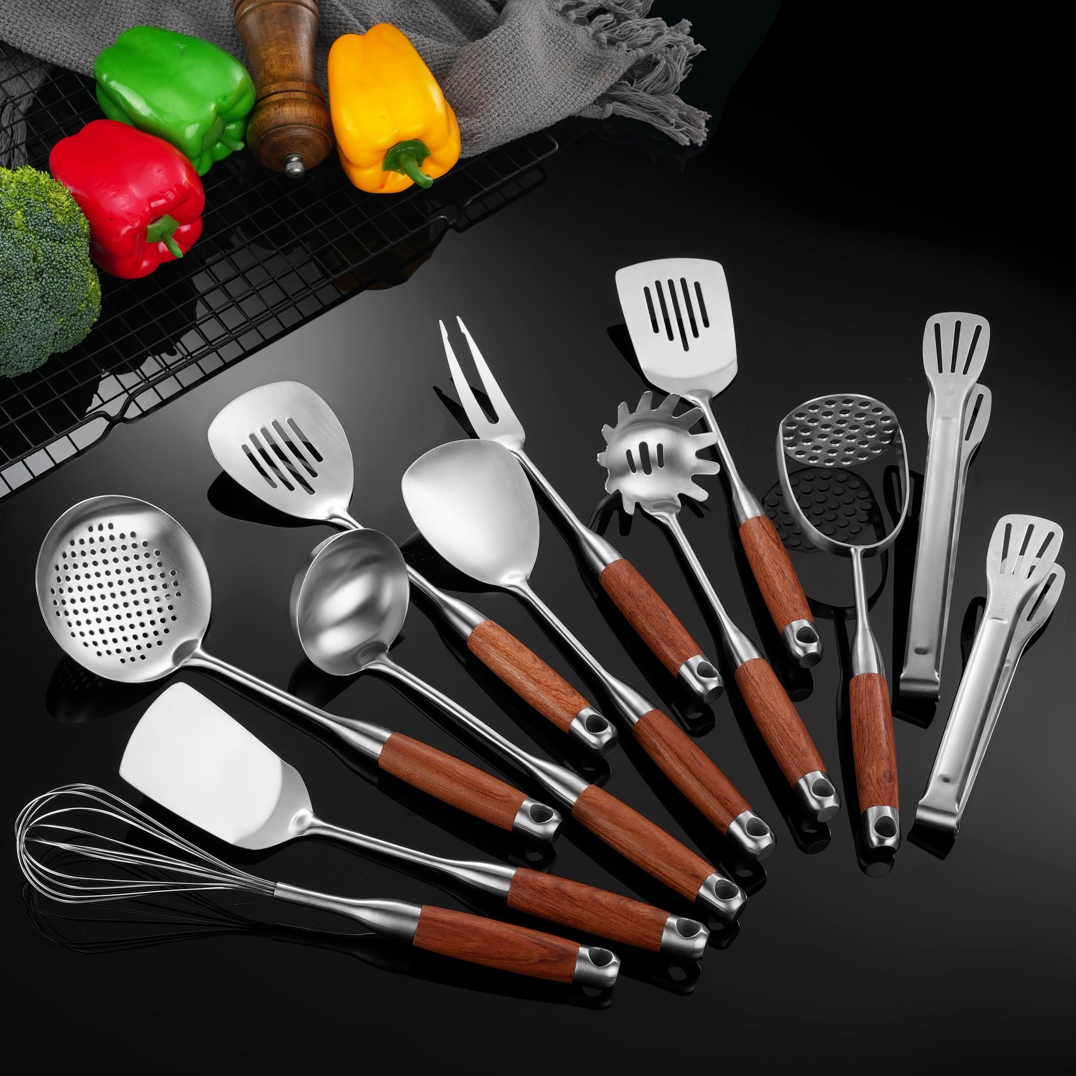 NIITAWH Stainless Steel Kitchen Cooking Utensils Set Wooden Handle 12 PCS