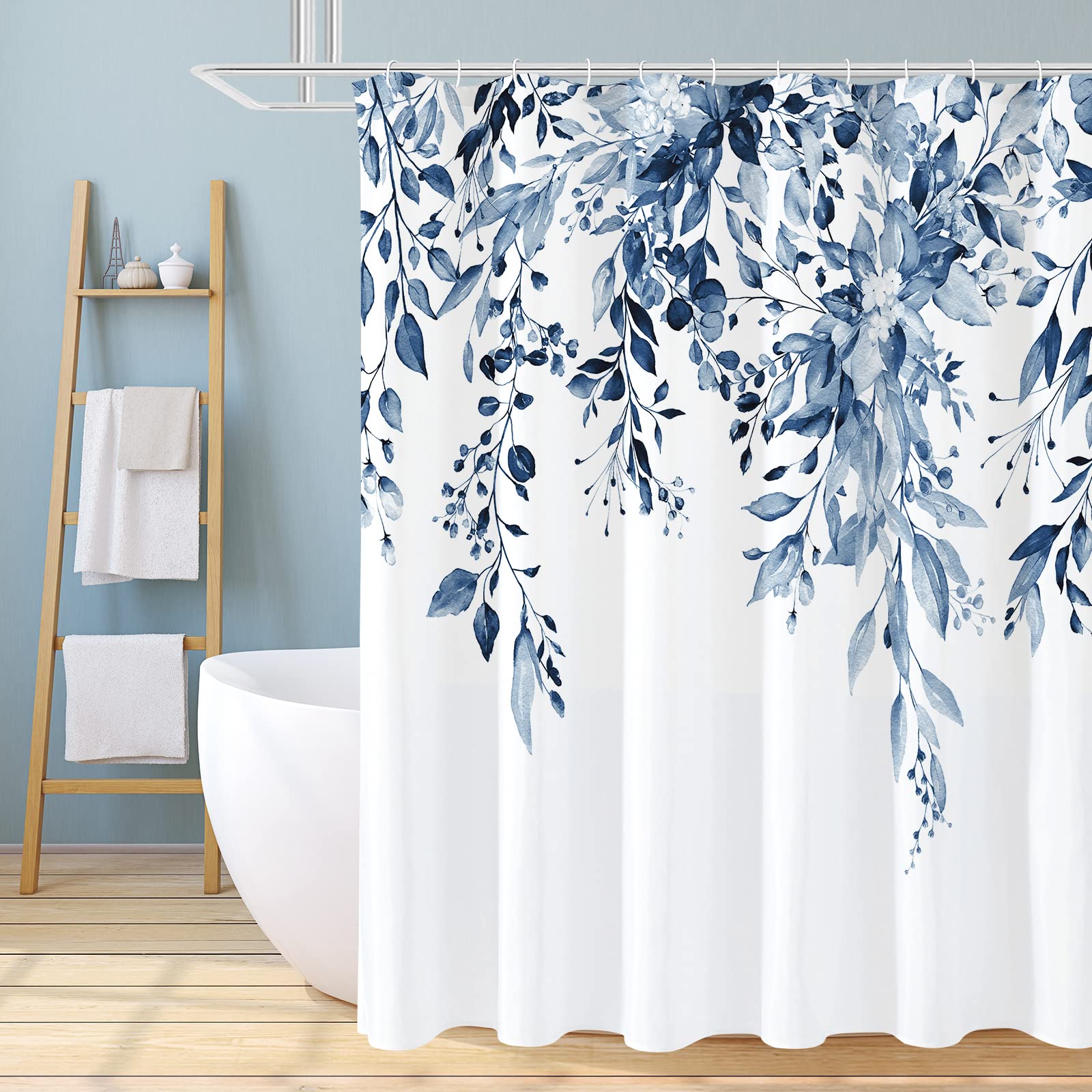Gibelle Navy Blue Eucalyptus Shower Curtain, Watercolor Plant Leaves With Floral Bathroom Shower Curtain Set With Hooks, 72X72