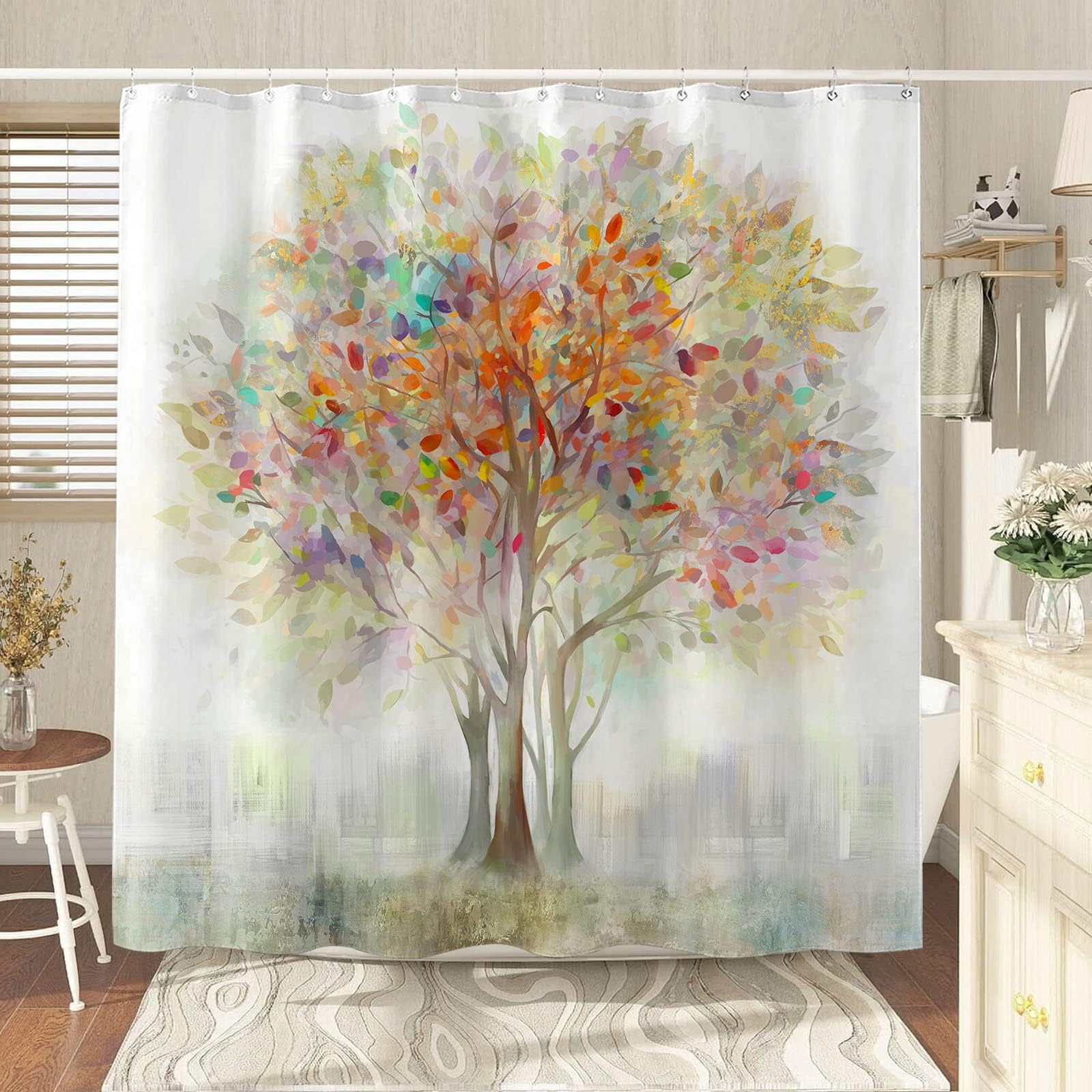Kanuyee Colorful Tree Shower Curtain Shower Fabric Shower Curtain Flowers Shower Curtain Cloth Fabric Bathroom Decor Set With 12