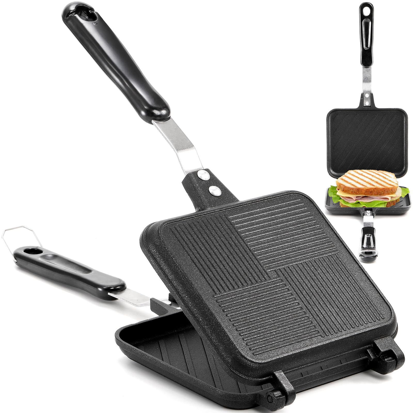 Elsjoy Non-Stick Hot Sandwich Panini Maker With Handle, Aluminum Double Sided Frying Pan Detachable Grilled Sandwich Flip Pan, S