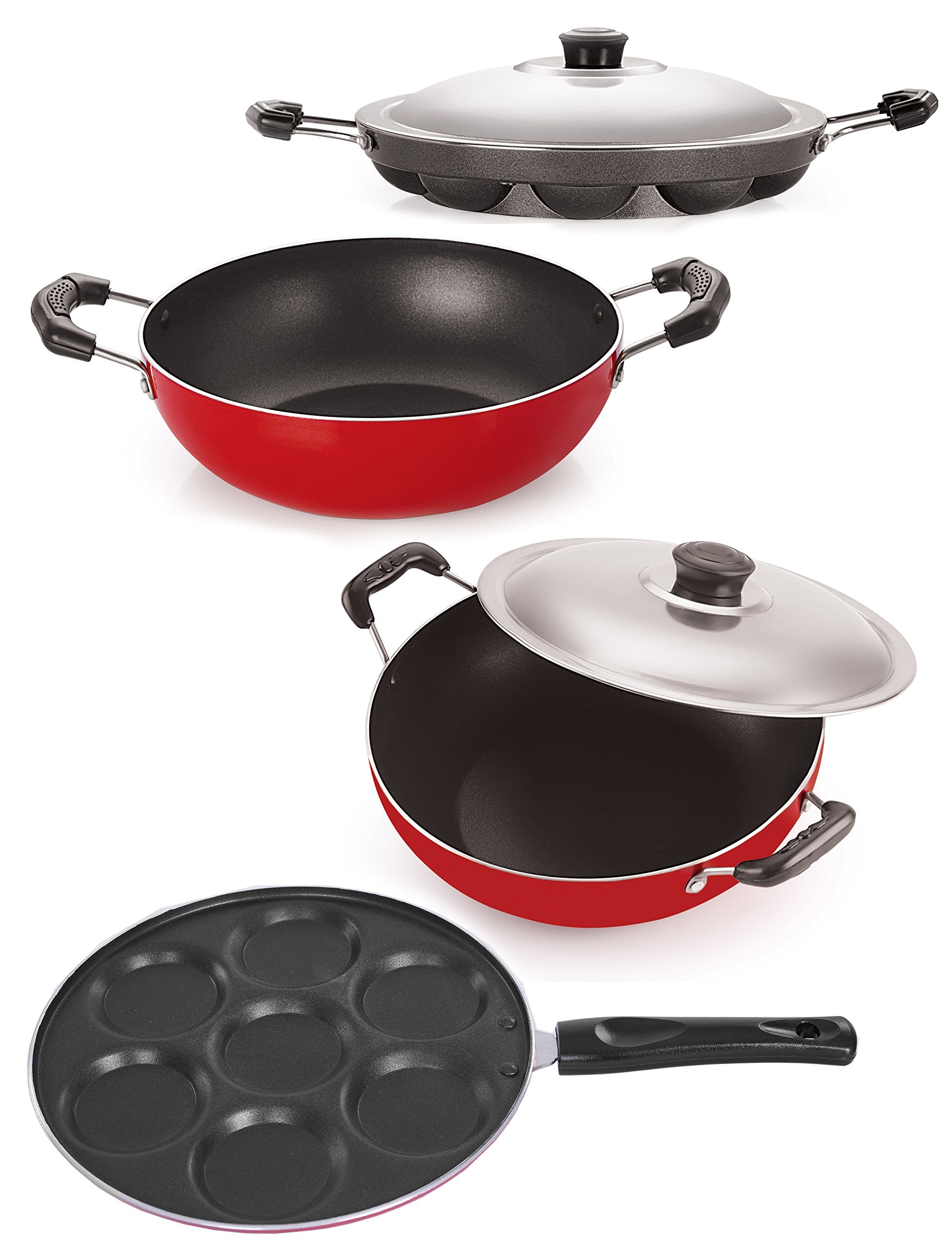 Best Cheap Non Stick Aluminium Cookware Combo Set  Kadai 2 Liter, Deep Kadai With Lid Big 2.6 Liter, Appam Patram 12 Pits