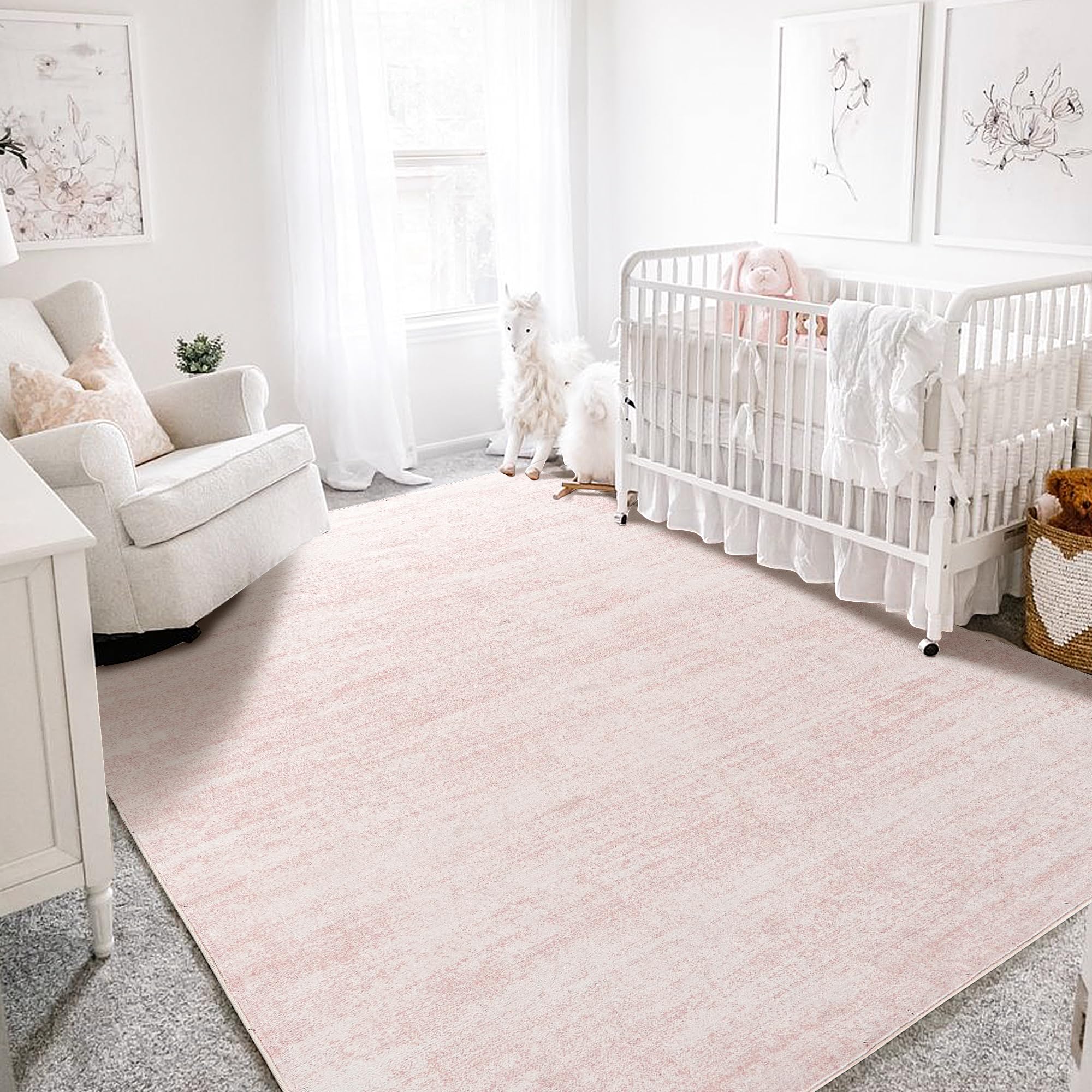 BILEEHOME Nursery Rug Pink Boho Washable Abstract Cuquette Rug for Bedroom Aesthetic,8x10,Light Pink