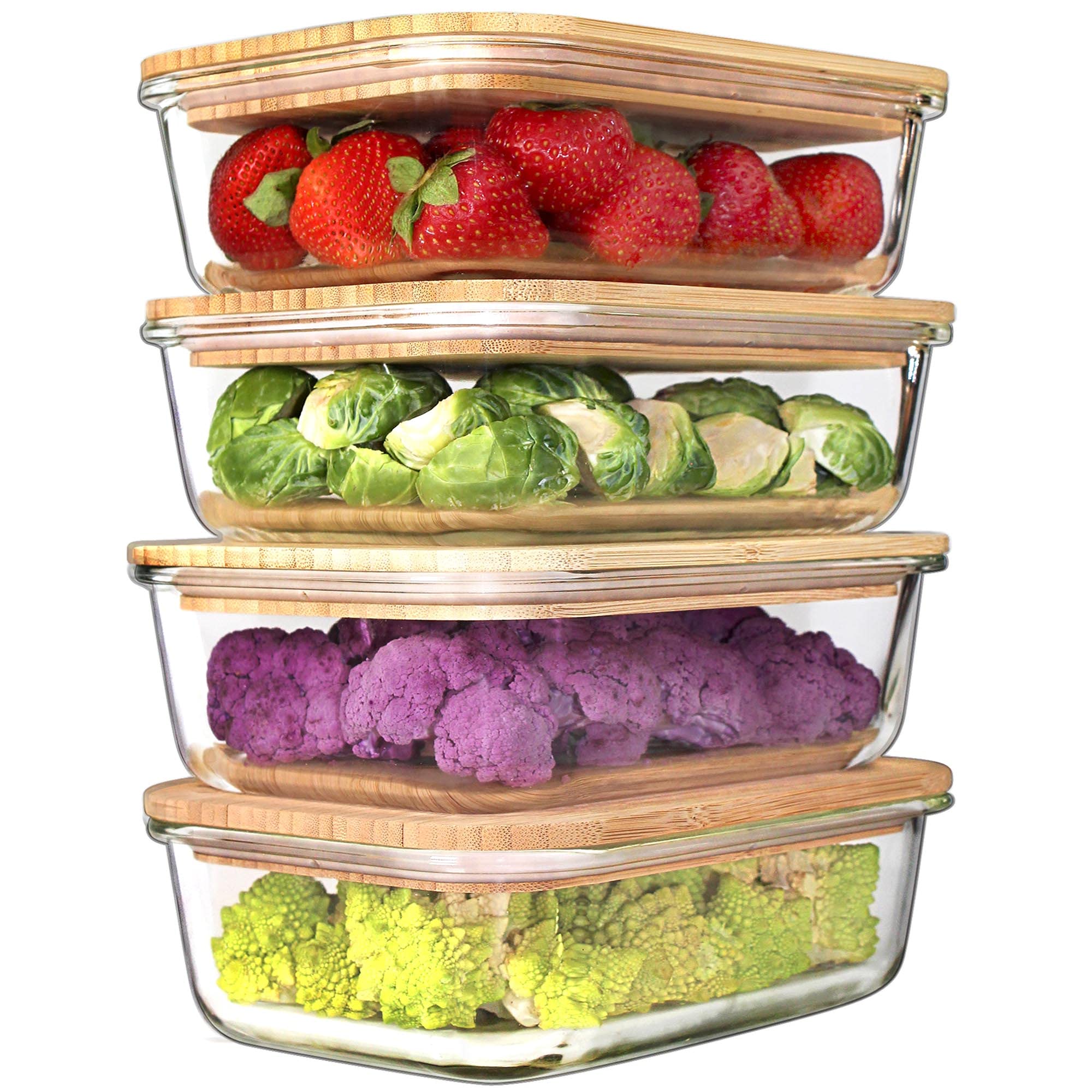 Glass Container With Wood Lid, Glass Food Storage Container With Lids, Glass Meal Prep Containers Set, Glass Containers Set (Bro