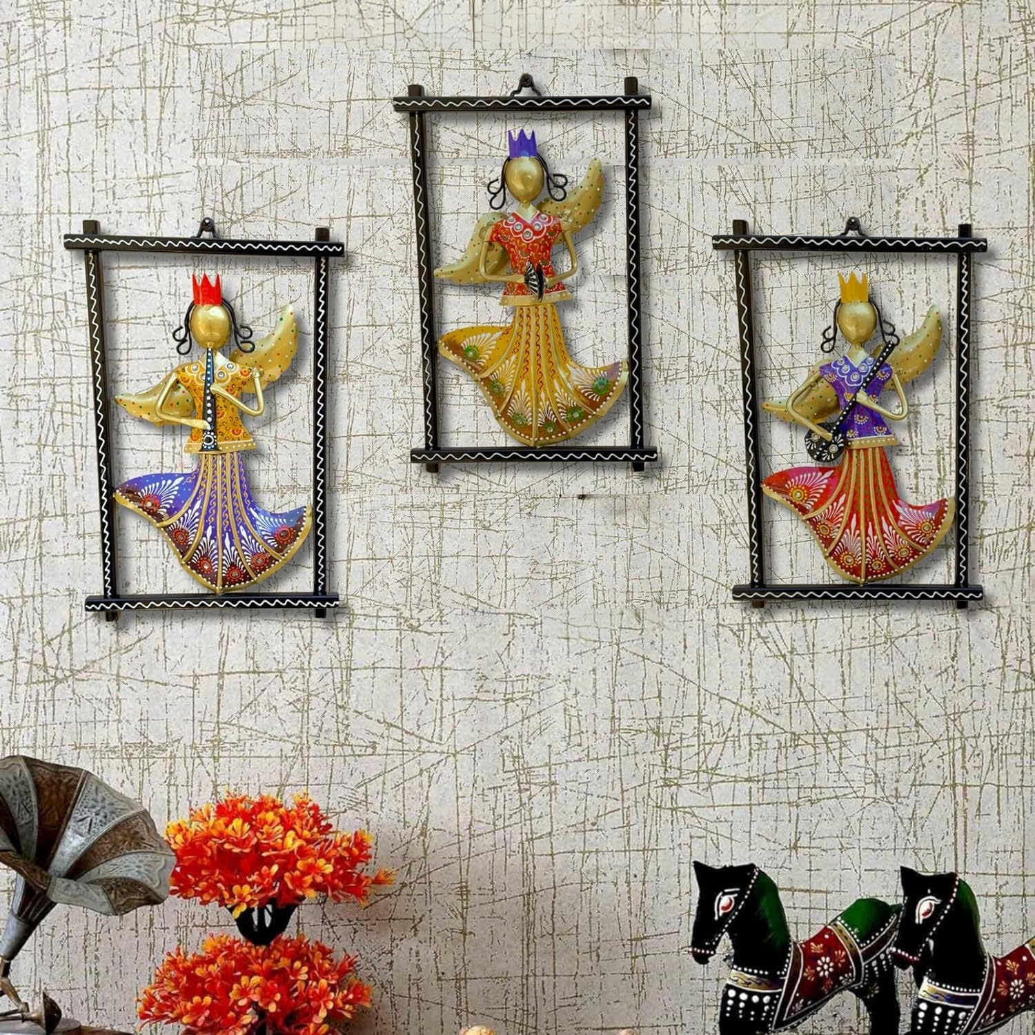 Rsn 3 Rajasthani Pari Musician Wall Hangings For Home Decoration, Metal Wall Art Frame Wall Sculpture For Living Room, Wall Hang
