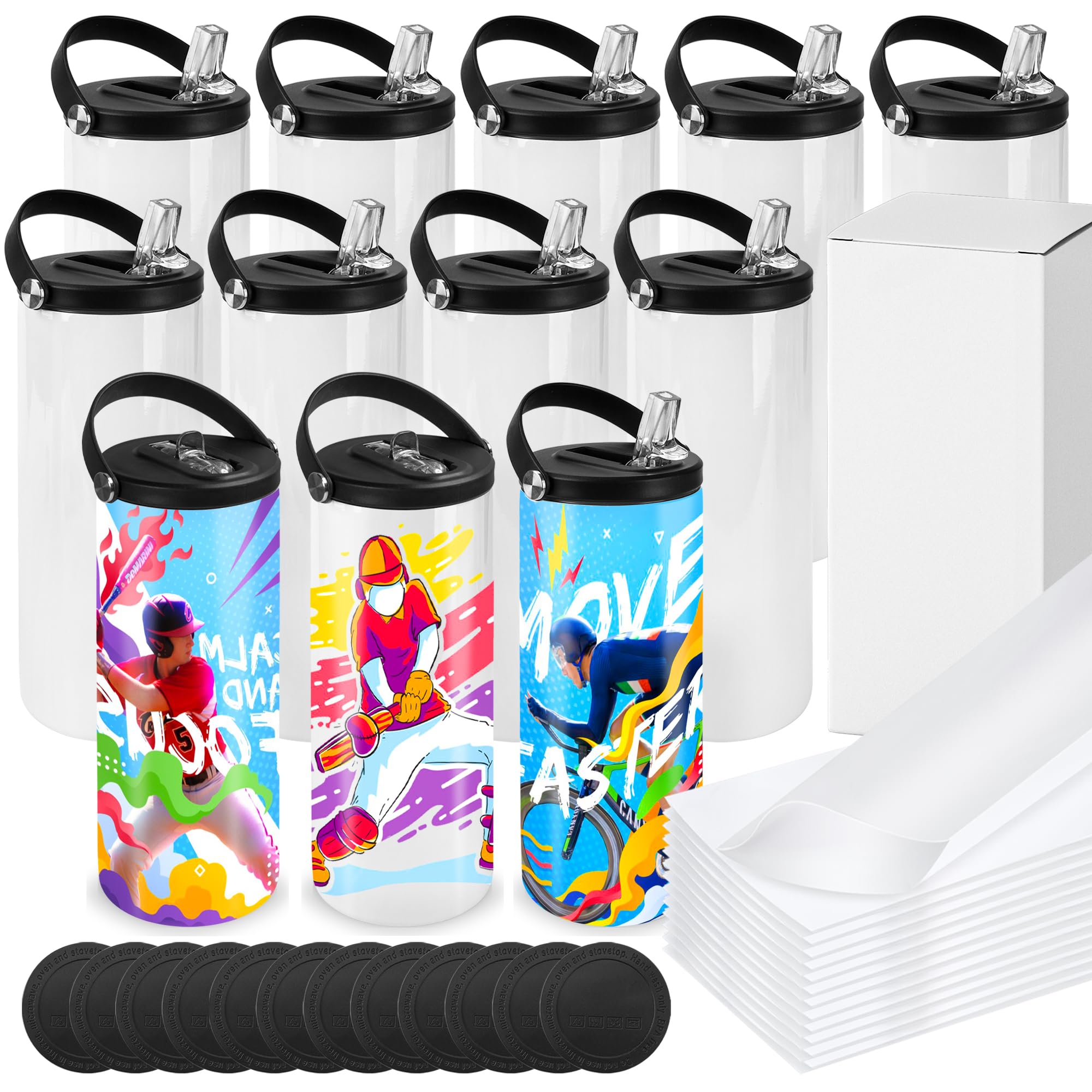 Joyclub 12 Pack Sublimation Water Bottle Blanks Bulk 20 oz Sublimation Tumblers with Handle Lids and Straws Skinny Straight Stai