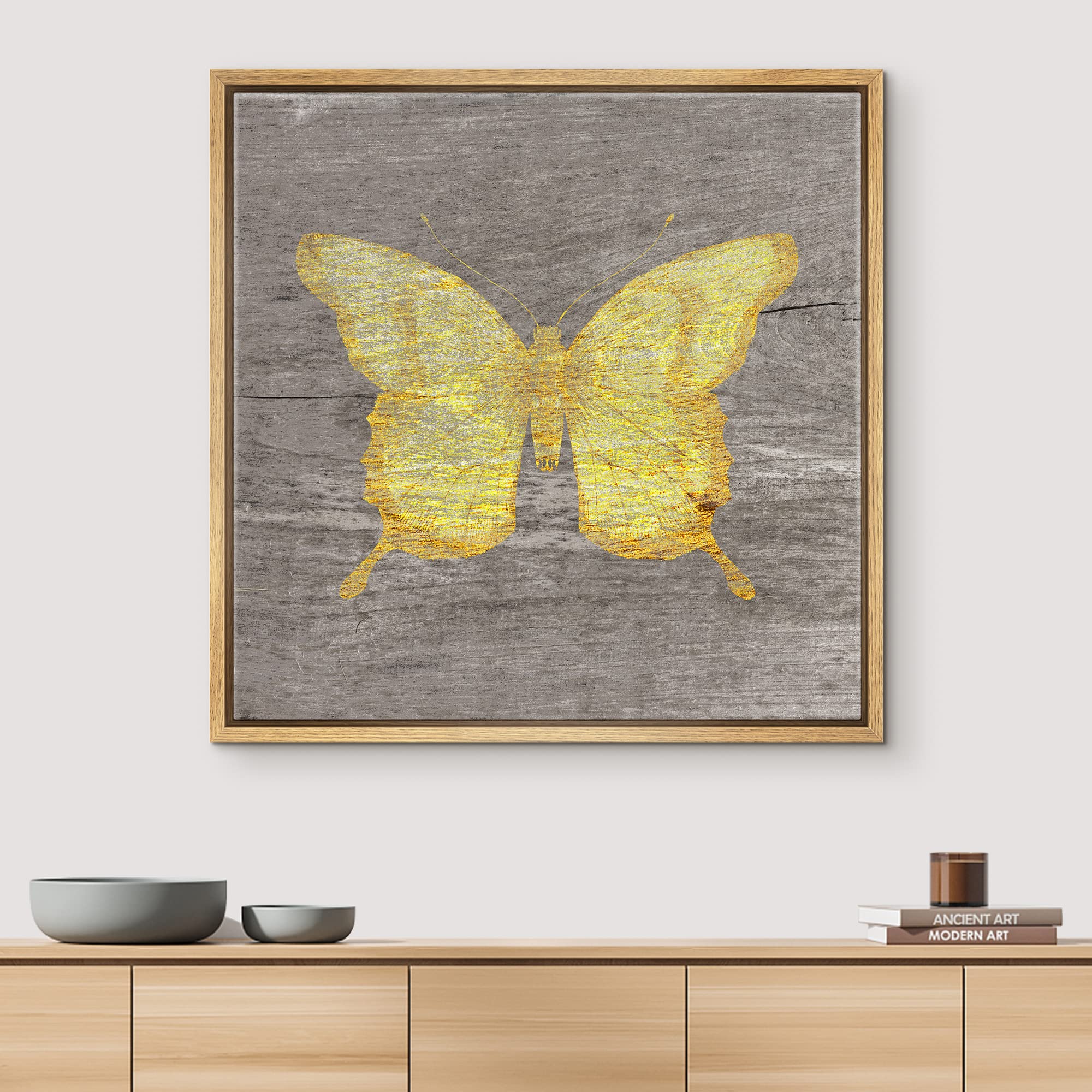 Wall26 Framed Canvas Print Wall Art Yellow Wood Effect Butterfly Nature Plants Wood Panels Modern Art Farmhouse/Country Colorful