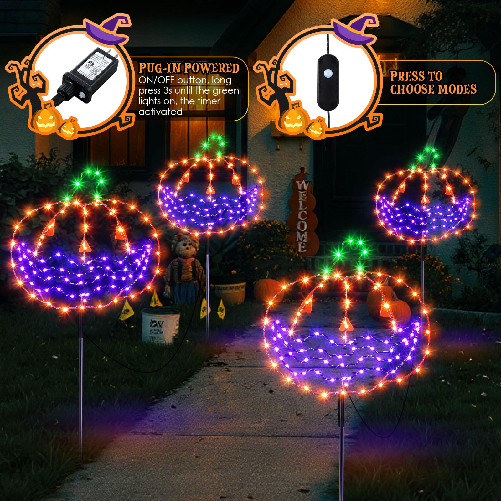 Enhon Halloween Lights Outdoor Decoration, 4 Pack Halloween Walkway Lights, 4 Light Modes Remote Control Timing Function Lighted