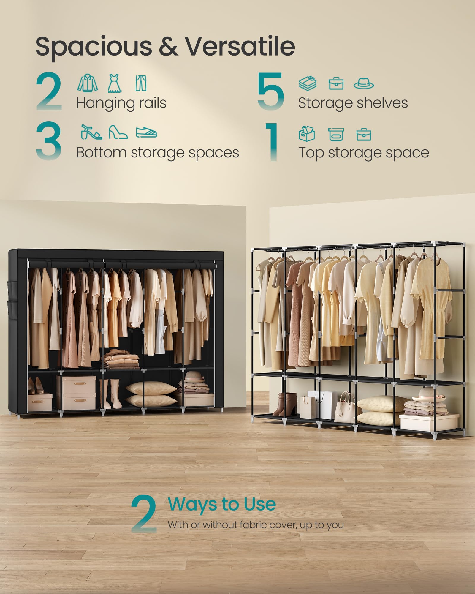 Songmics Portable Closet, Wardrobe Closet Organizer With Cover, 5 Hanging Rods And Shelves, 4 Side Pockets, 83 X 17.7 X 65.7 Inc