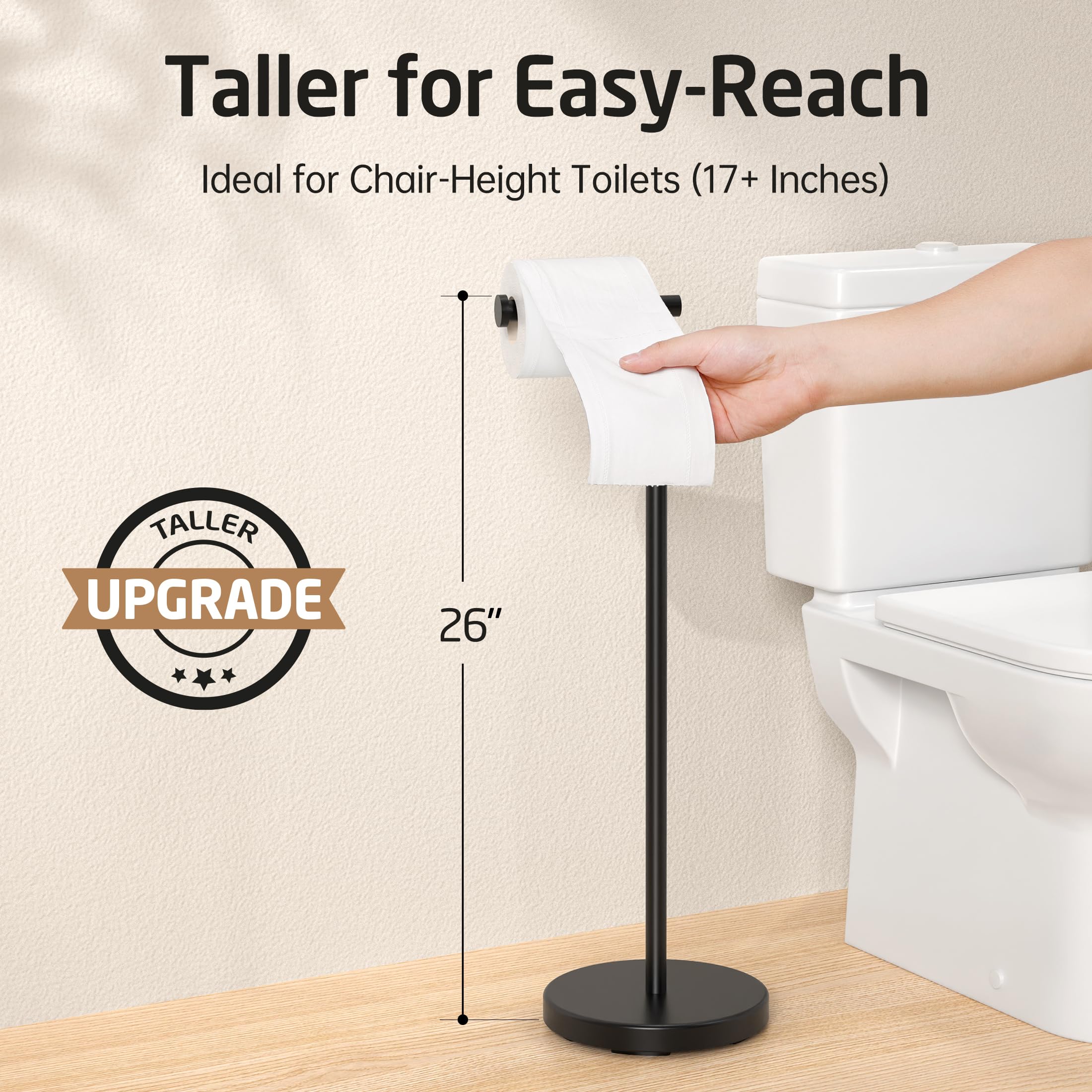 KES Toilet Paper Holder Stand with Weighted Base  26'' H (Taller Version) Free Standing Toilet Paper Roll Holder for Bathroom  Rustproof SUS304 Stainless Steel  BPH283S66-BK