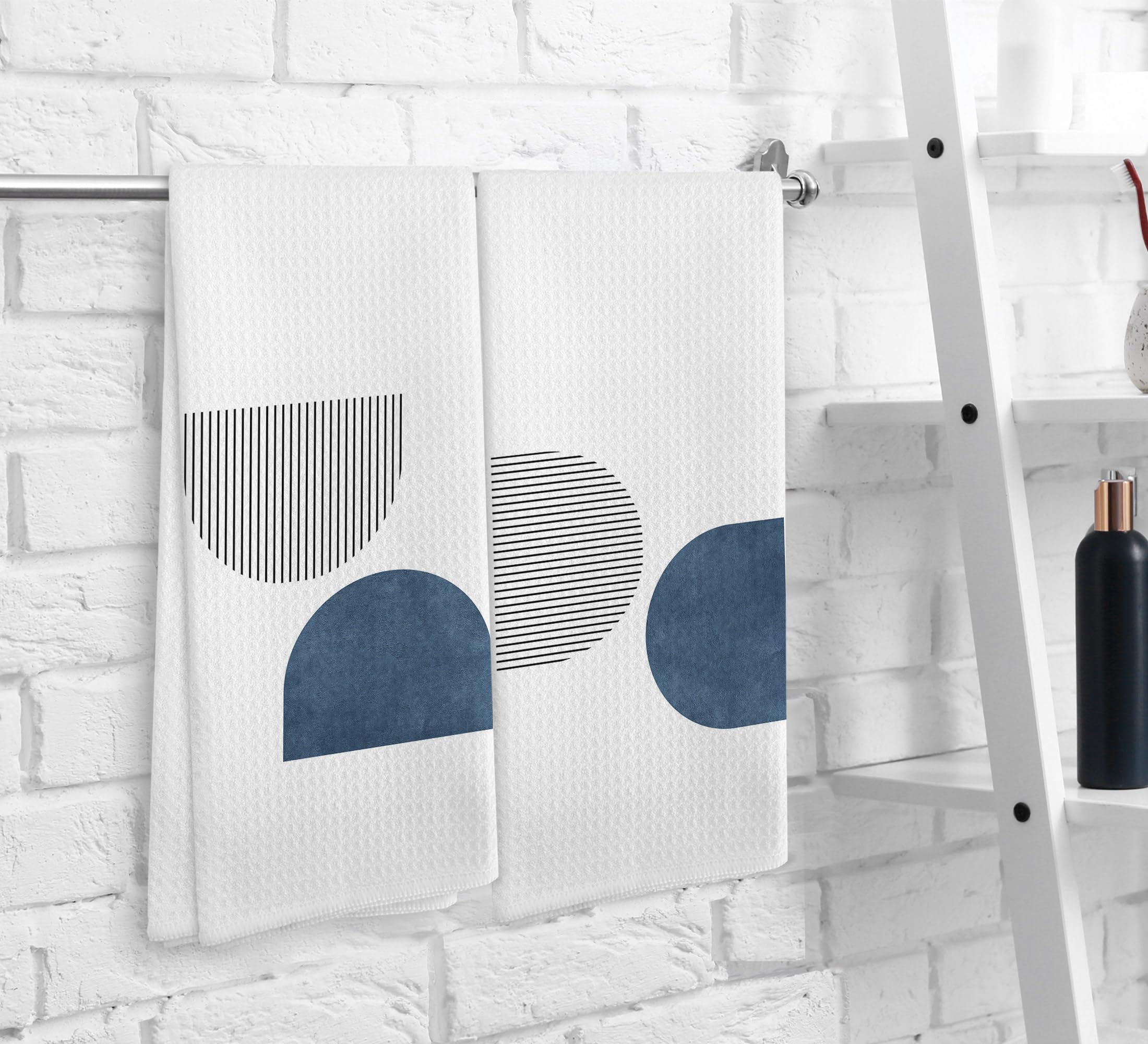 Noql Boho Navy Blue Line Kitchen Towels And Dishcloths Set Of 2, Boho Absorbent Hand Towels, Boho Bohemian Decorative Blue Hand