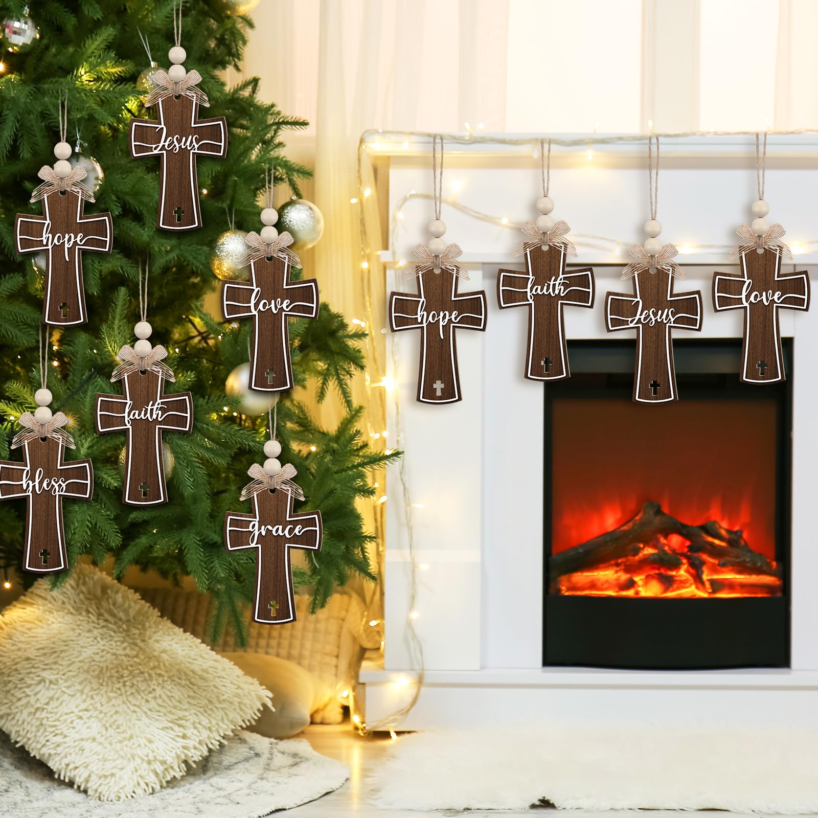 Vercraft 24 Pcs Christmas Wooden Cross Ornaments for Tree Christian Religious Cross Church Hanging Ornaments Decorations Bulk Fa