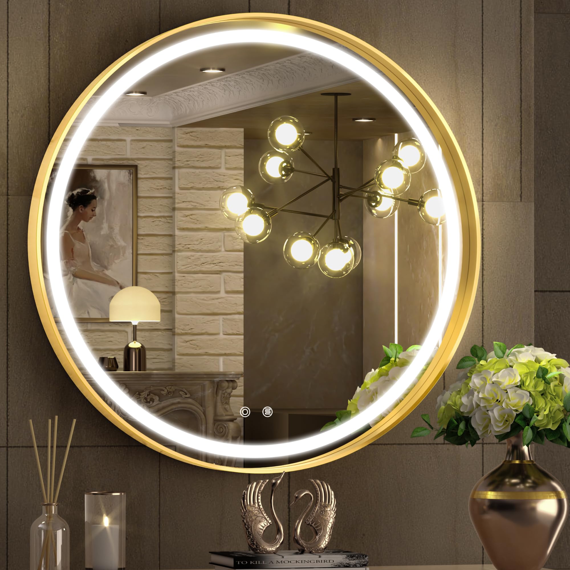 Hasipu 24 Round Led Mirror For Bathroom With Lights, Gold Circle Vanity Mirror For Wall, Metal Framed Frontlit Bathroom Mirrors