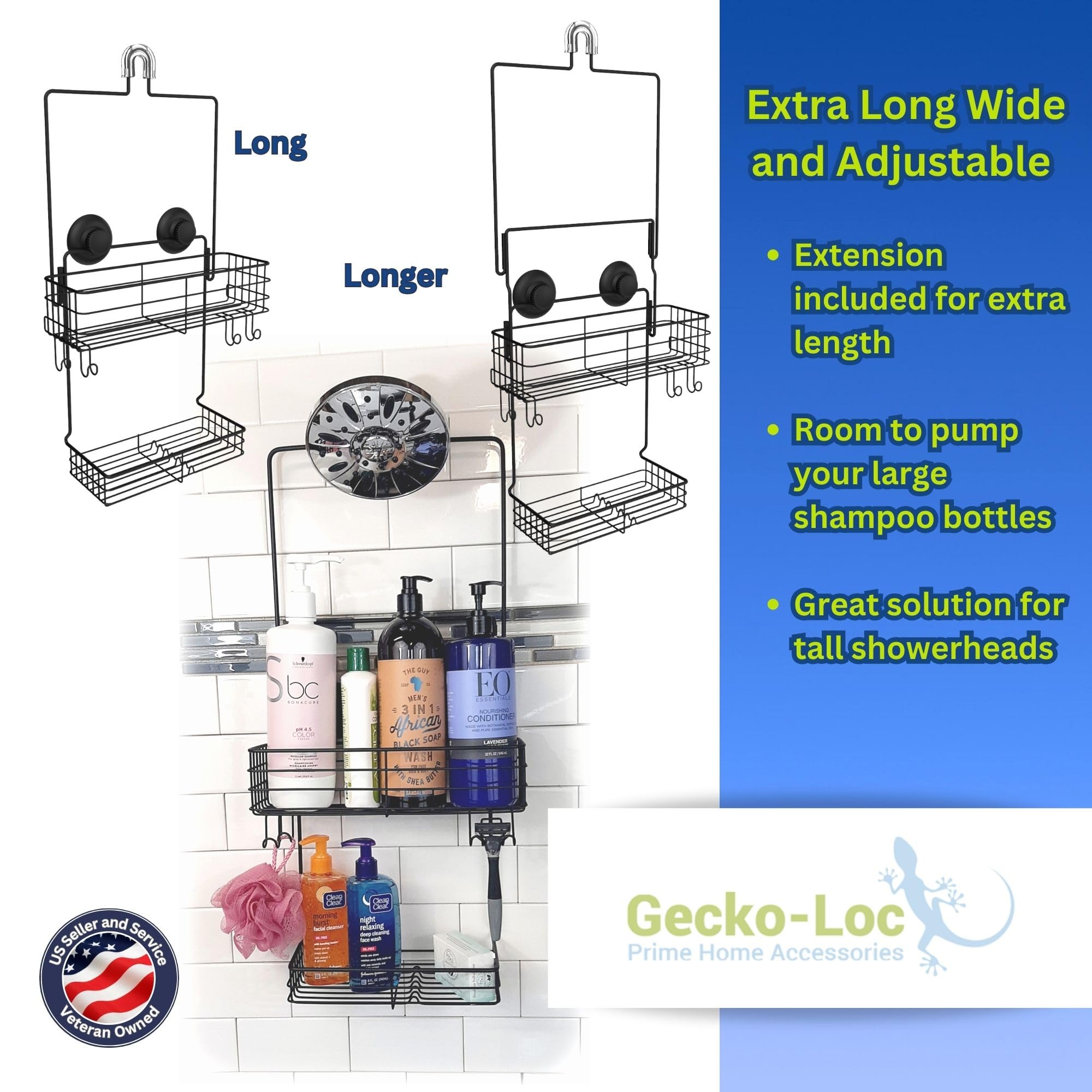 Gecko-Loc Extra Long Wide Adjustable Length Over The Showerhead Hanging Shower Caddy Organizer - For Shampoo, Soap, & Razors - B