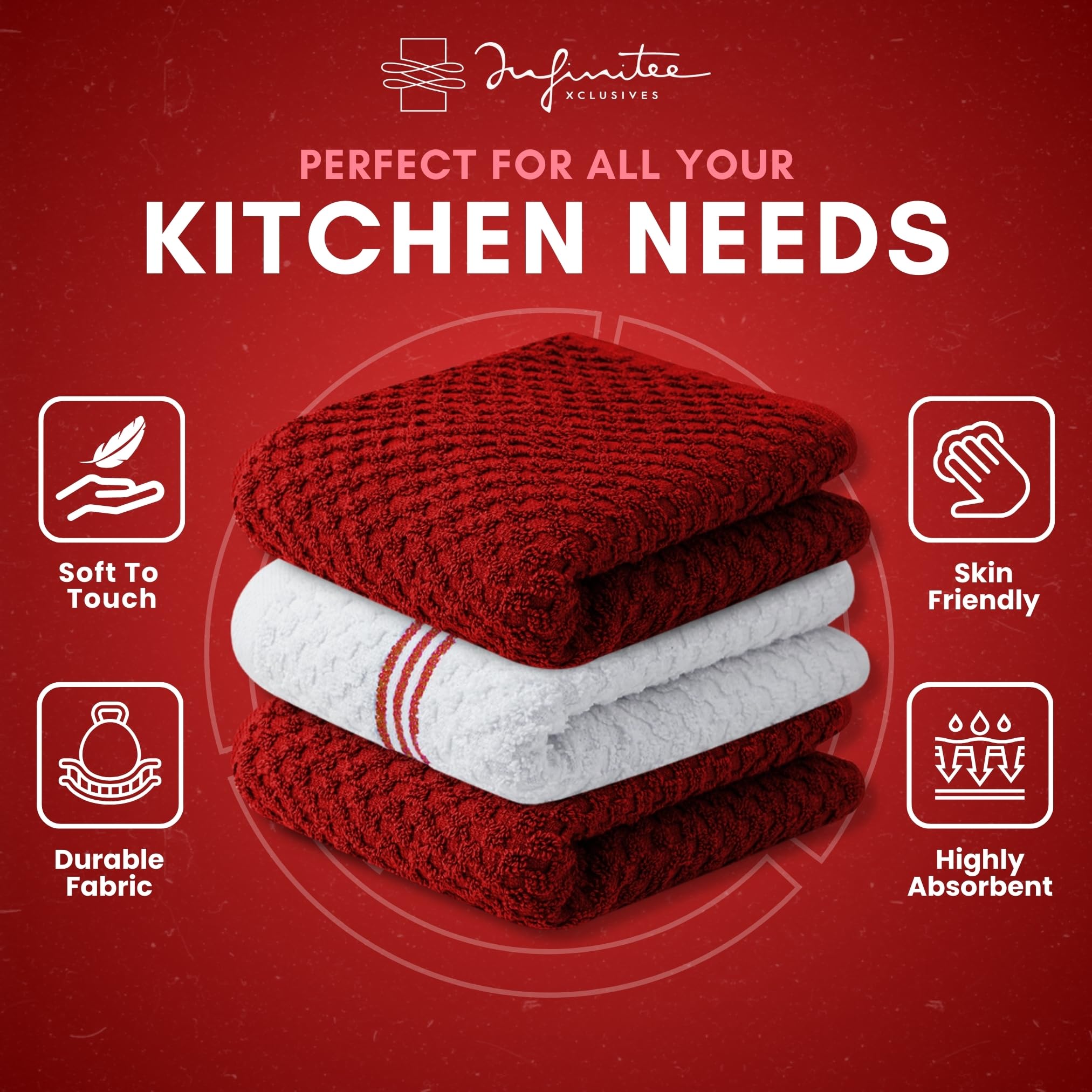 Infinitee Xclusives Premium Kitchen Towels - Pack Of 3, 100% Cotton |15 X 25| Inches Absorbent Dish Towels - Terry Kitchen Dishc