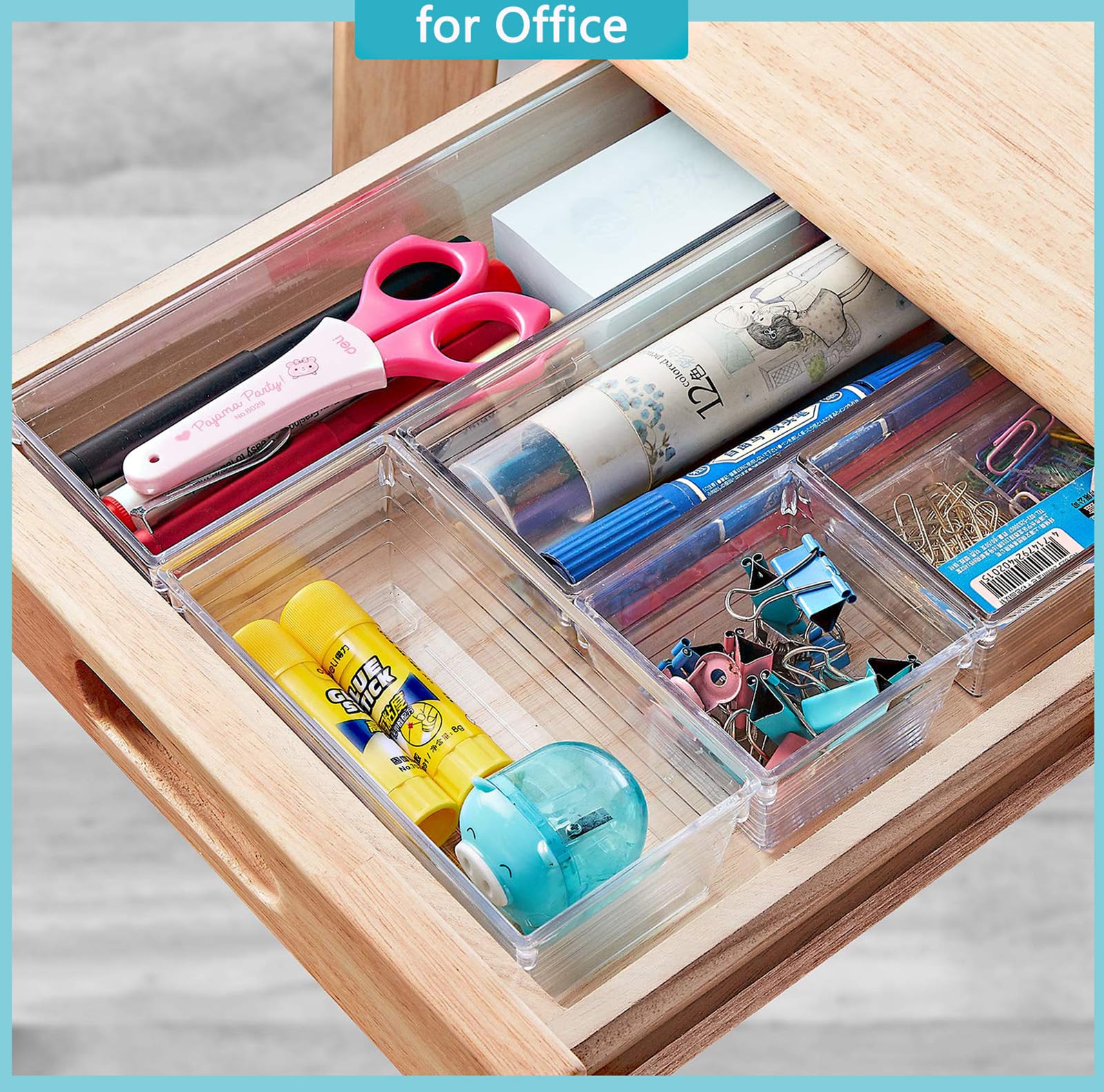 DCA 12 PCS Clear Plastic Drawer Organizer Set, 4 Sizes Makeup organizer, Vanity Organizer for Makeup, Stationery,Gadgets,Kitchen
