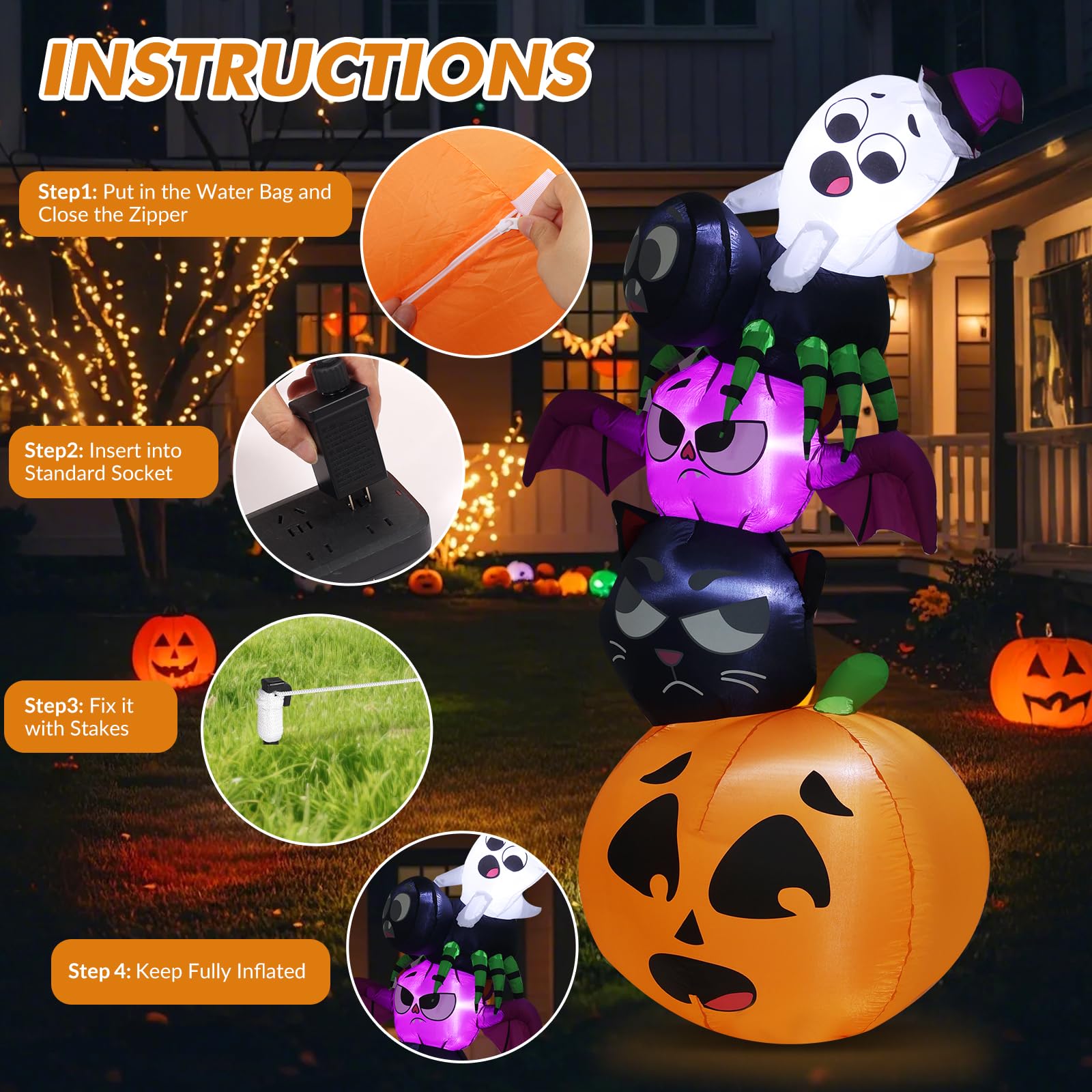 7FT Halloween Inflatables Outdoor Decoration, Cute Stacked Pumpkin Ghost Cat Bat Spider Blow Up Yard Decor with Built-in Lights