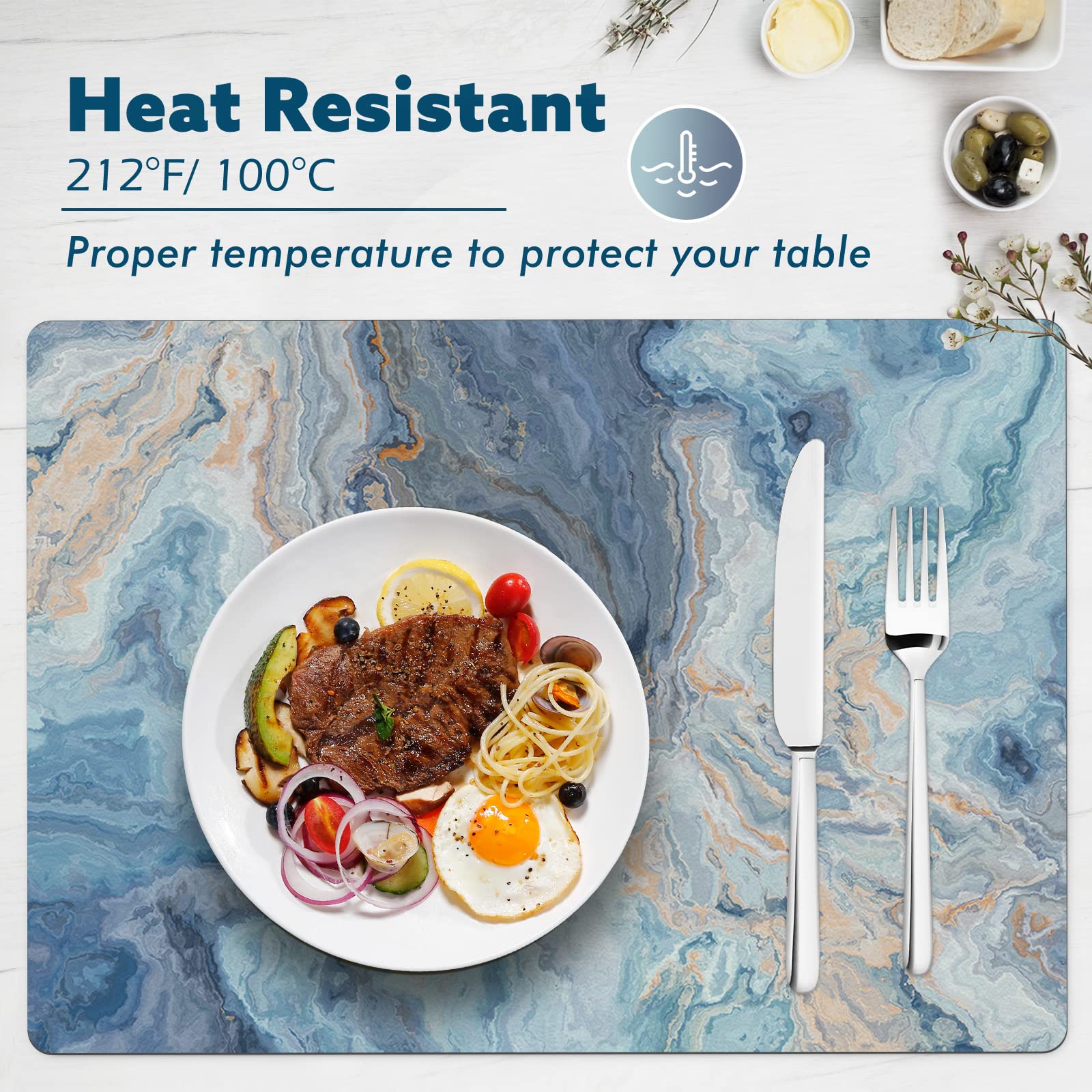 Marble Faux Leather Placemats Dining Table Mat Set, Indoor Placemats Set Of 4, Non-Slip/Wipe Clean Dining Table Mat Set, Heat-Re