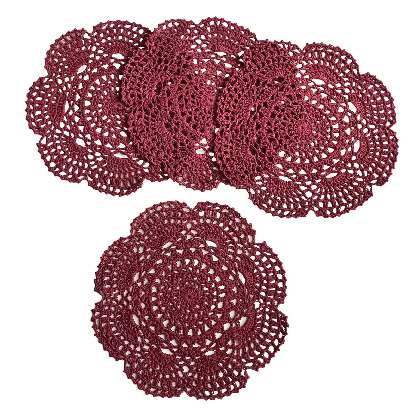 Phantomon 8 Inch Doilies Crochet Round Lace Doily Handmade Placemats 100% Cotton Crocheted Coasters, Pack Of 4 (Burgundy)