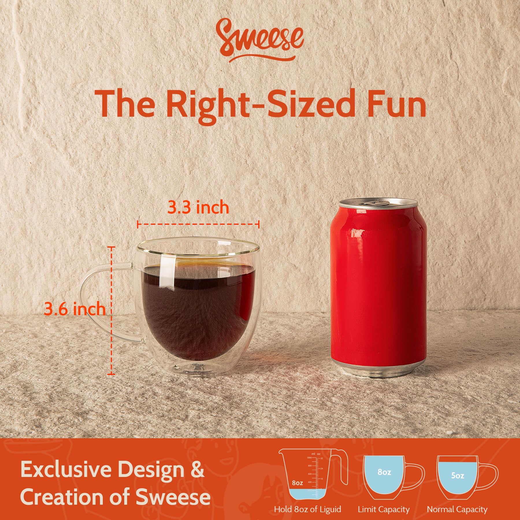 Sweese Clear Coffee Mugs - 8 Oz Double Wall Glass Coffee Mugs Set Of 4, Perfect For Espresso, Latte, Cappuccino