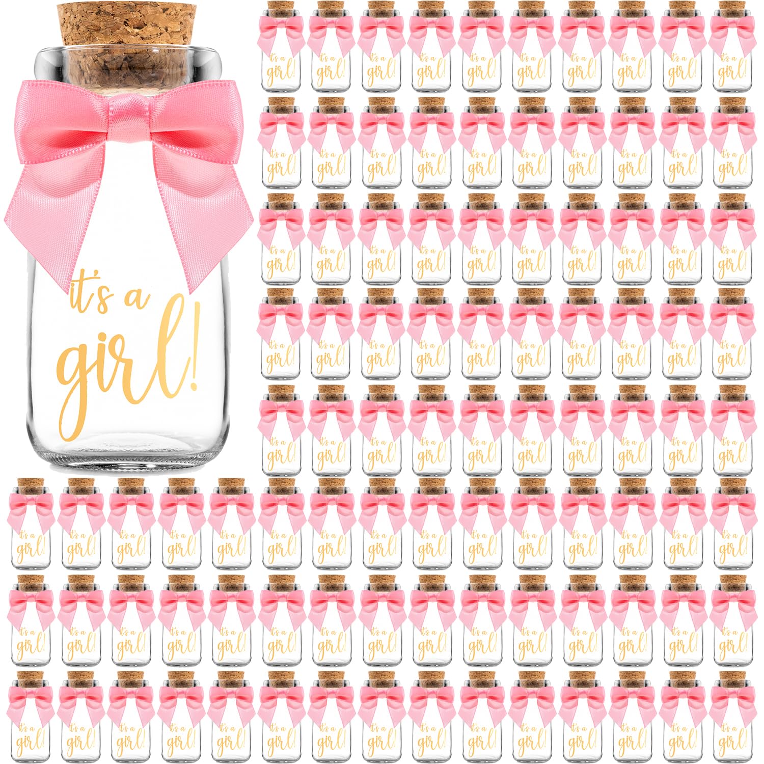 Ethisa 96 Pack It'S A Girl Milk Glass Bottles With Ribbons And Stickers - Vintage Baby Shower Favors For Guests And Table Center