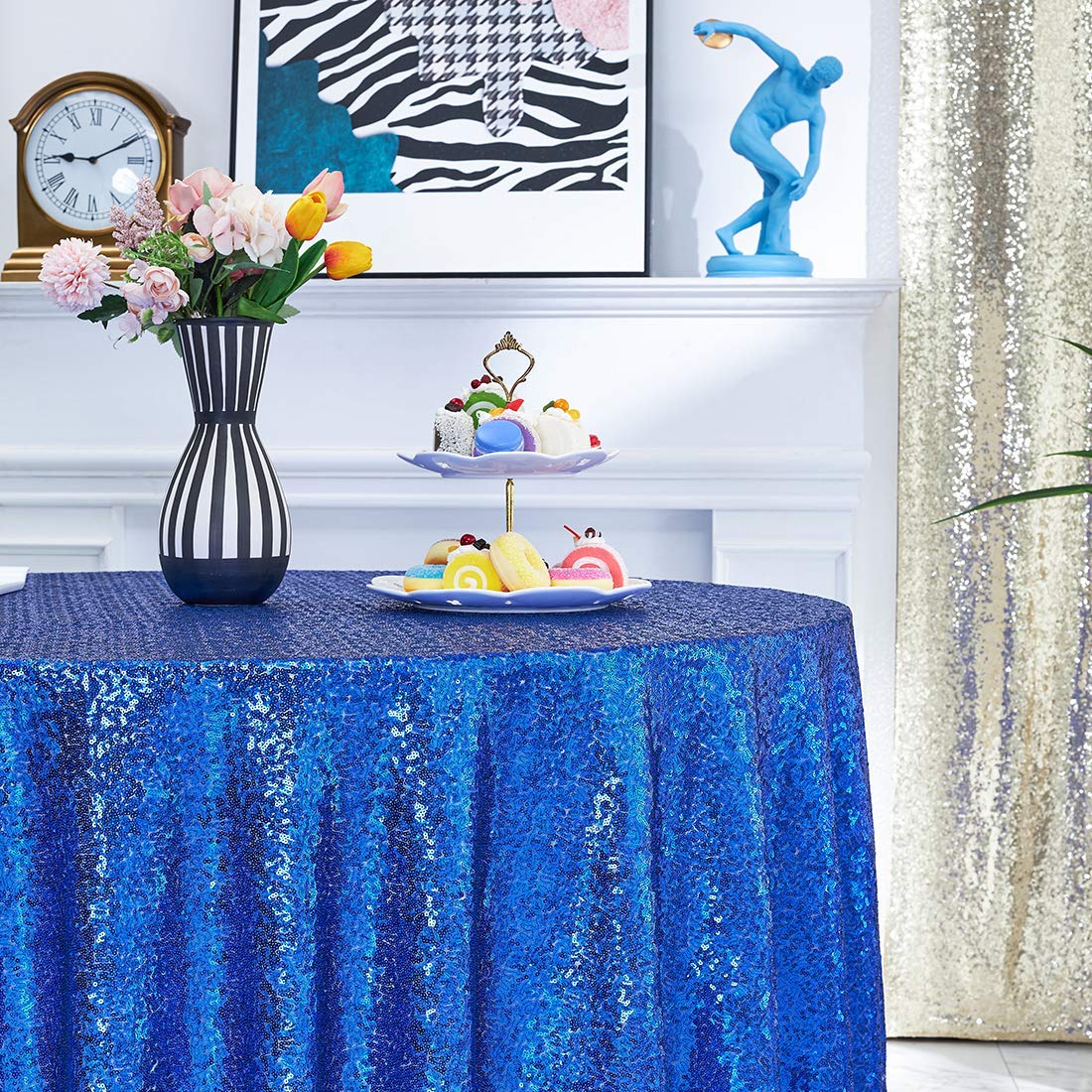 Hahuho 50 Inch Round Sequin Tablecloth Royal Blue, Glitter Tablecloth For Bridal Shower Decorations, Birthday, Wedding, Dessert,