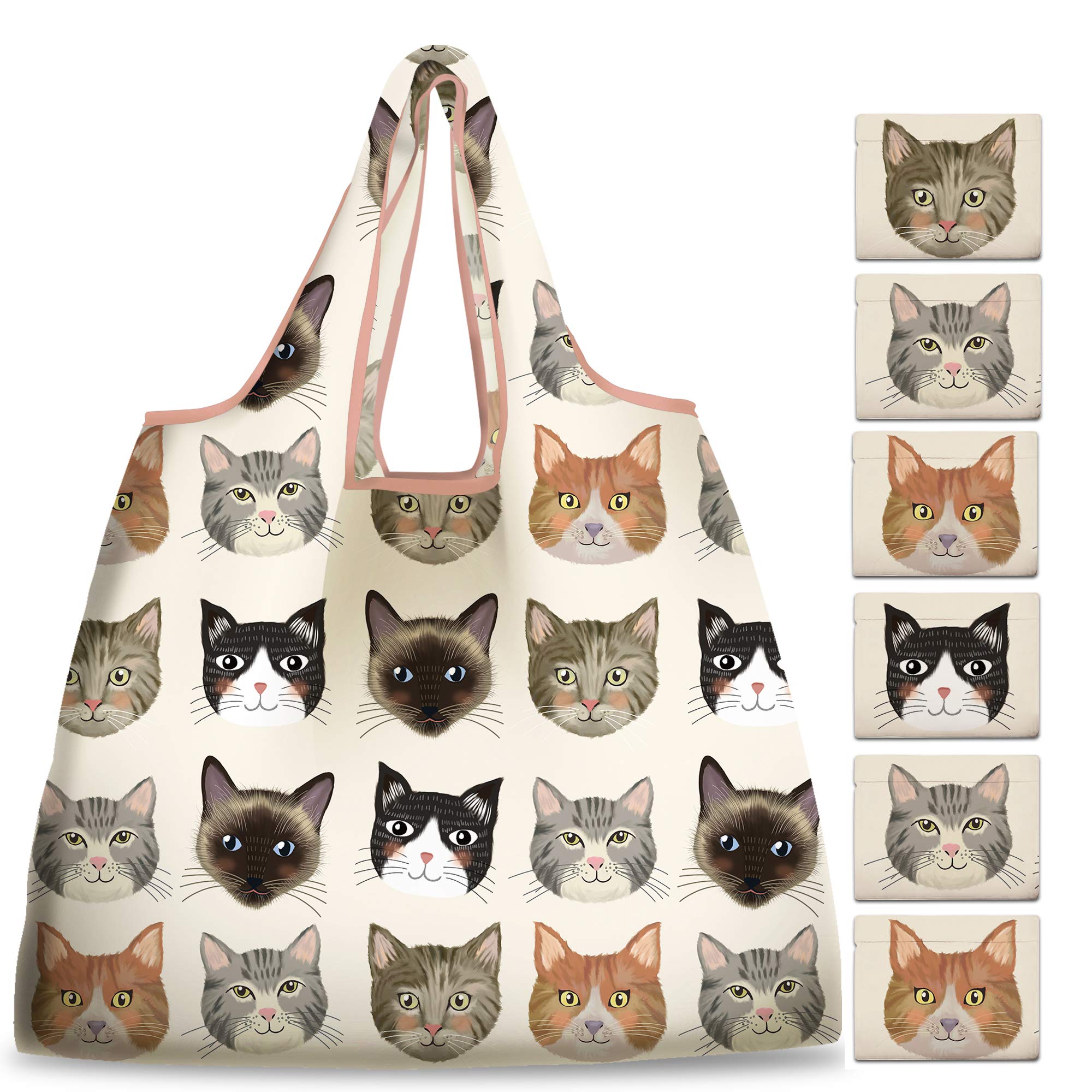 Nymphfable 6 Pack Grocery Bags Reusable Cute Cat Animal Shopping Bags Washable Foldable Waterproof Eco Friendly 50Lbs