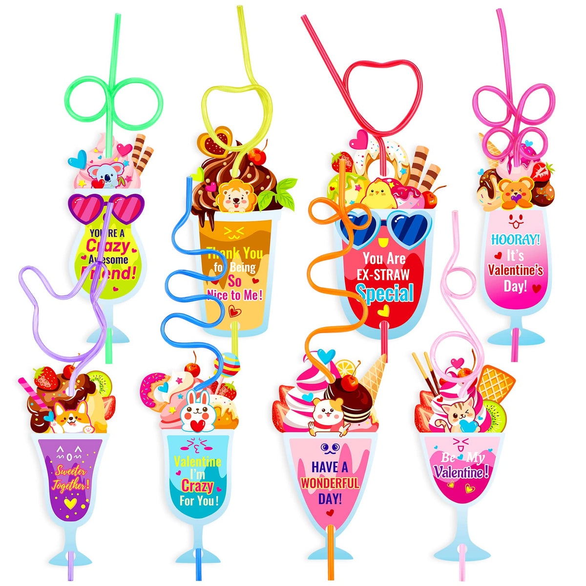 Qpout 32 Pack Valentines Day Cards For Kids,Funny Gift Cards With Loops Reusable Drinking Straws For Boys Girls Classroom Exchan