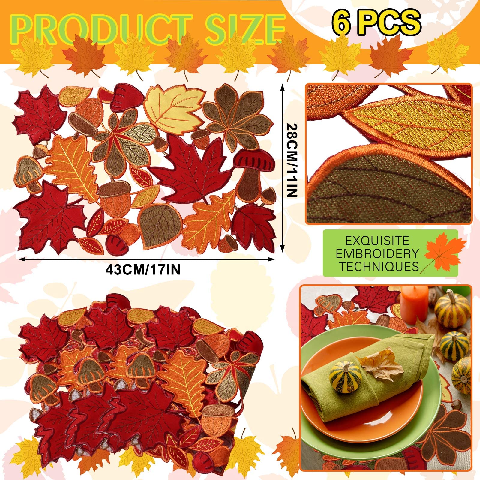 Fall Placemats Set of 6 Thanksgiving Place Mats Fall Autumn Maple Leaf Embroidered Placemats 11 x 17 Inch Thanksgiving Table Pla