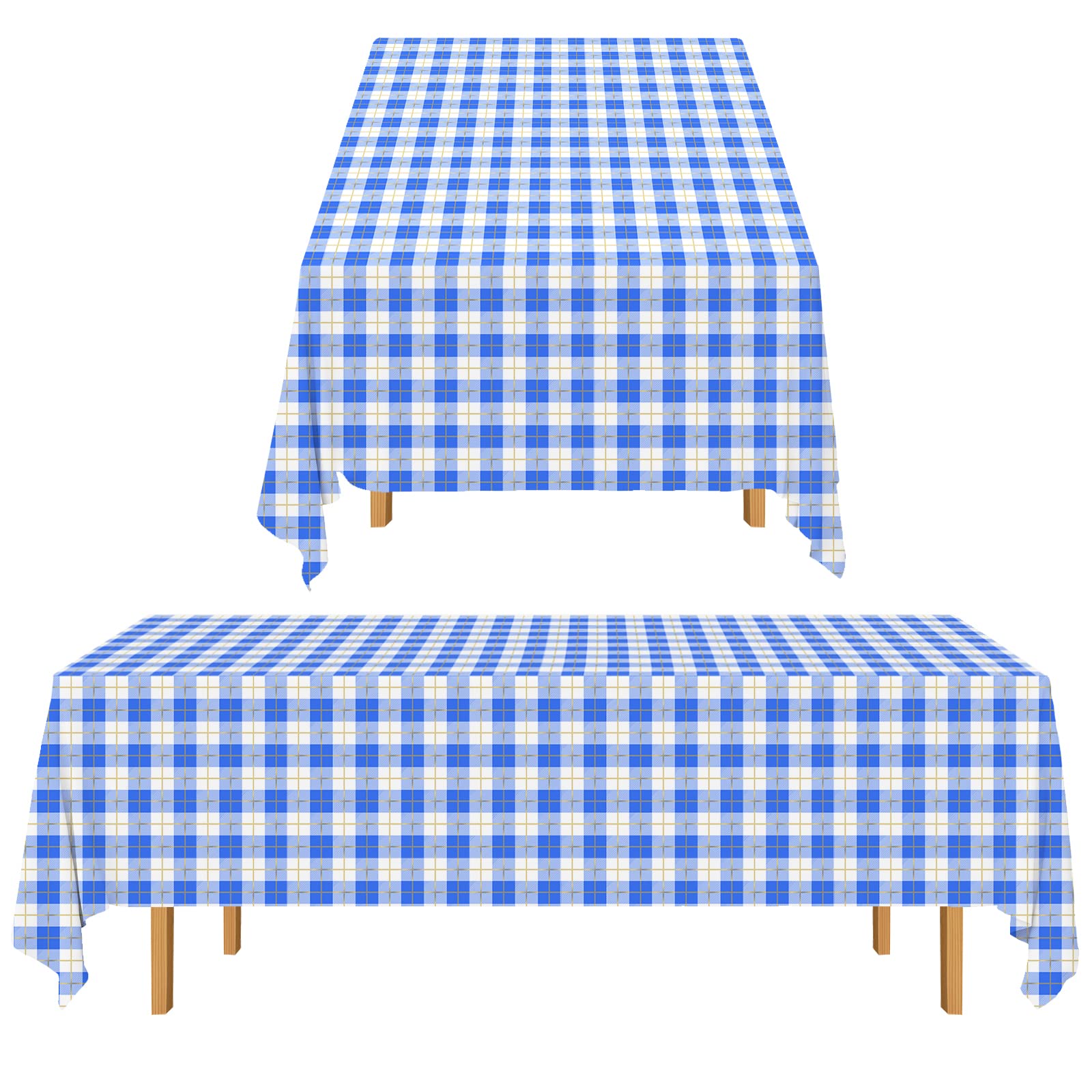 Gatherfun 3PCS Blue and White Gingham Checkered Tablecloth 54X108Inch Disposable Waterproof Table Cover with Gold Stamping for P