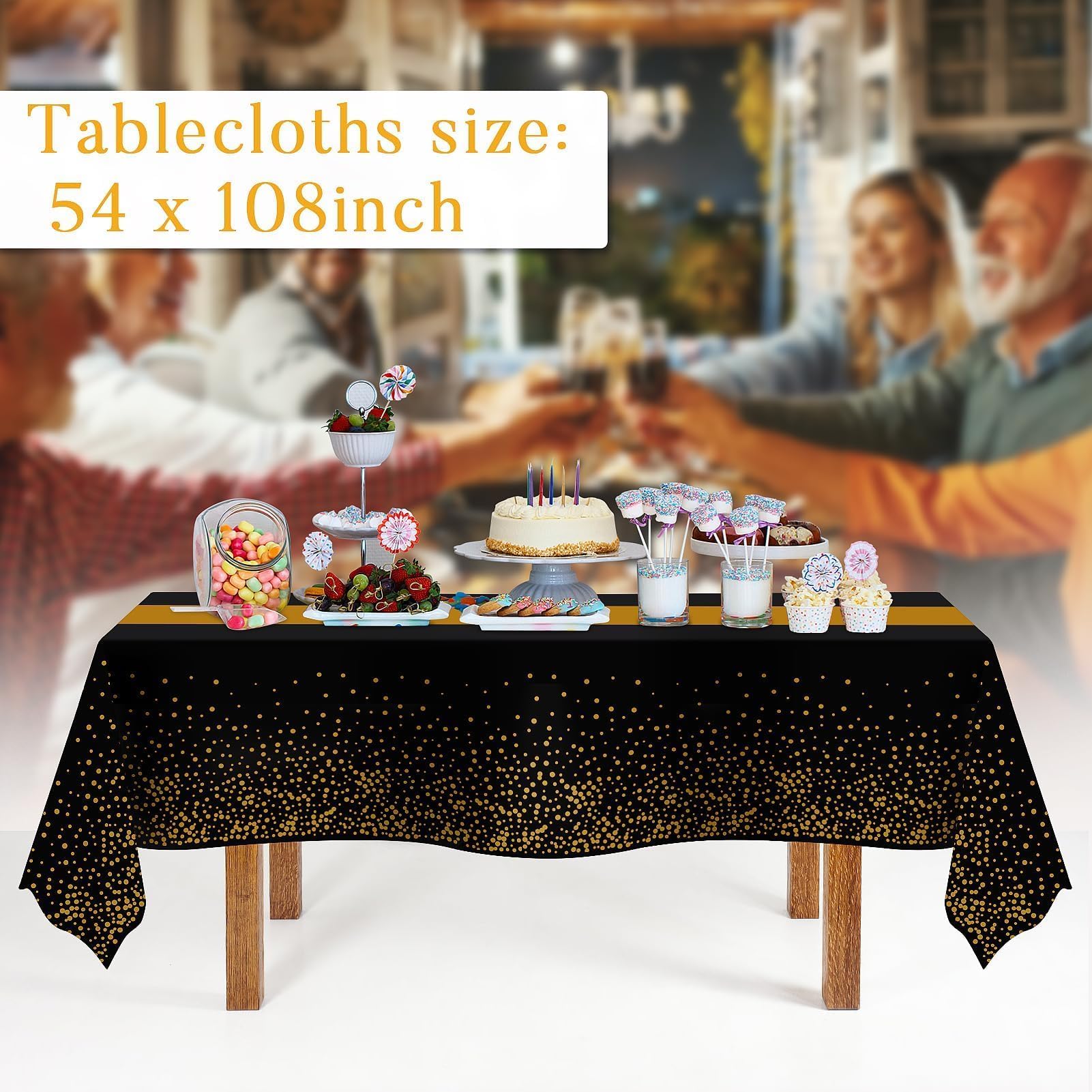 3 Pack New Years Tablecloth,Black And Gold Tablecloths For Rectangle Tables,New Years Decorations,54'' X 108'' Disposable Plasti