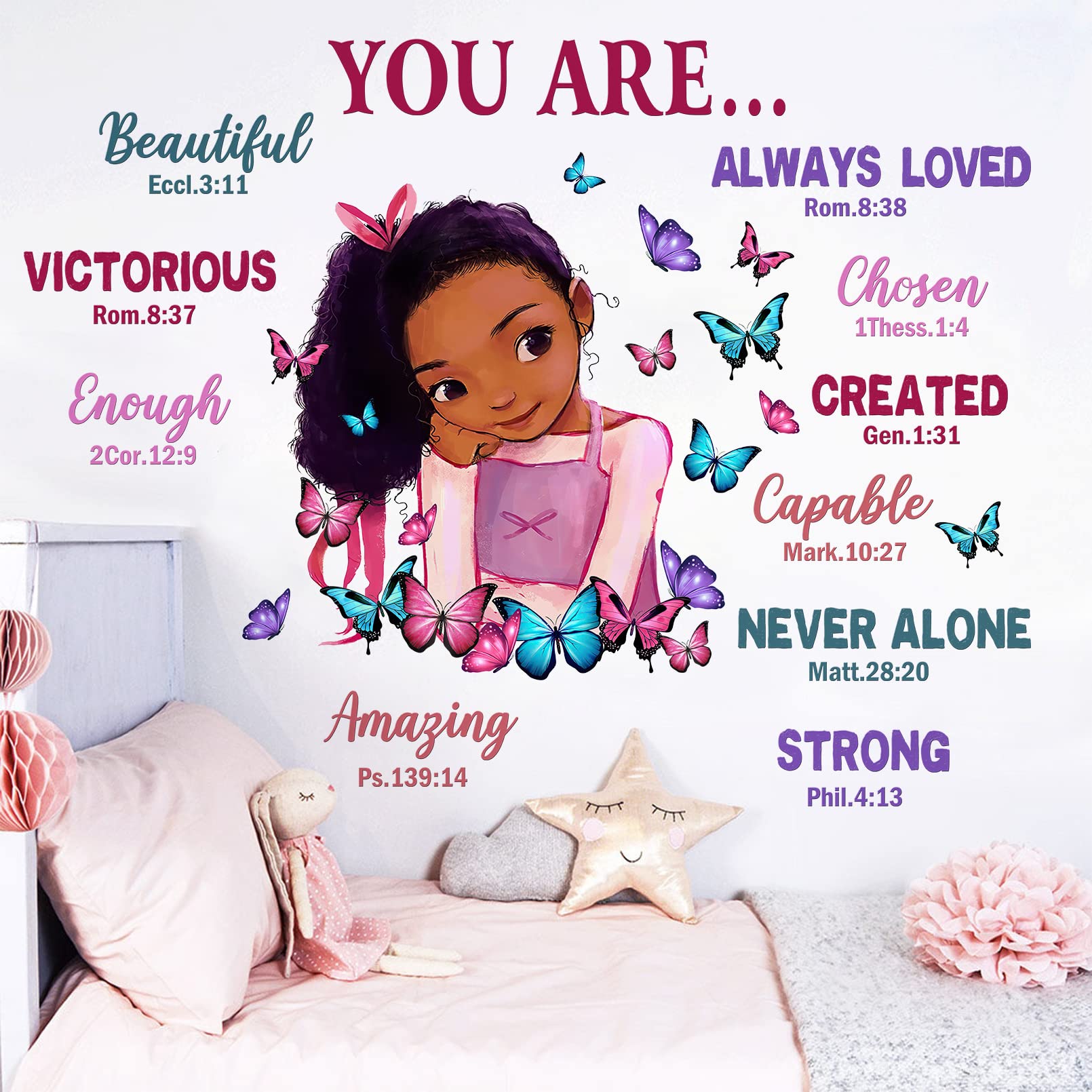 Yovkky Black Girl Religious Butterfly Wall Decal Sticker, Positive Saying African American You Are Beautiful Nursery Decor, Insp